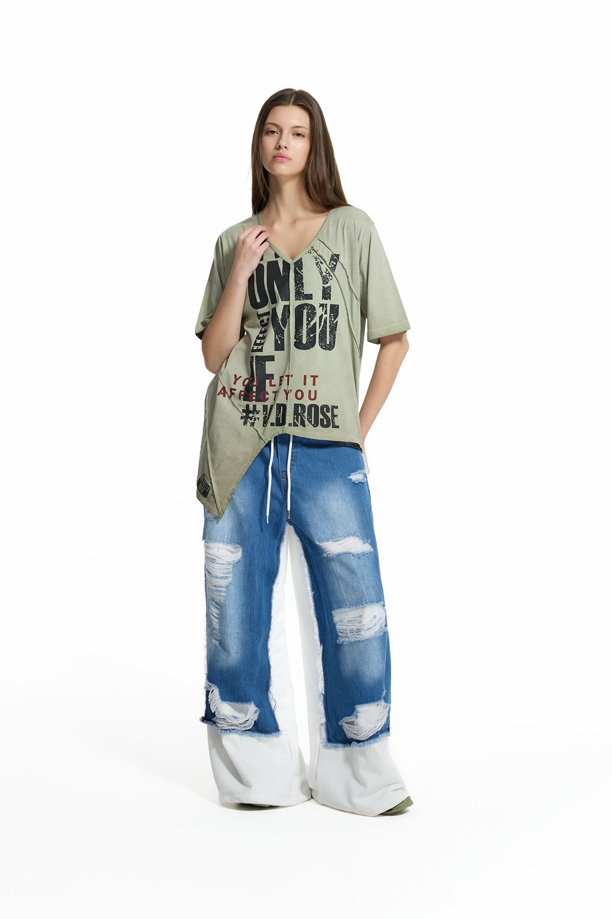 Khaki Graphic Asymmetric T-shirt 19140