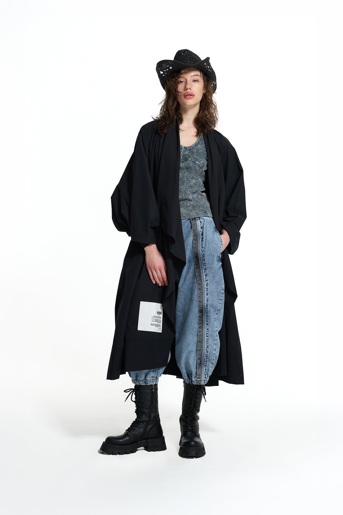 Black Asymmetric Shawl Collar Trench Coat 19146