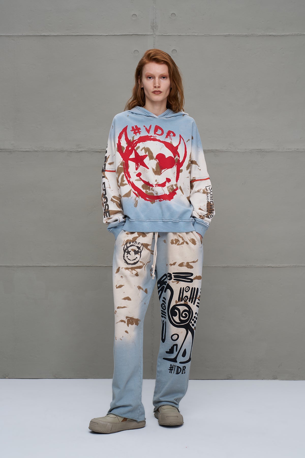 Blue Beige Distressed Print Oversized Trousers 18002