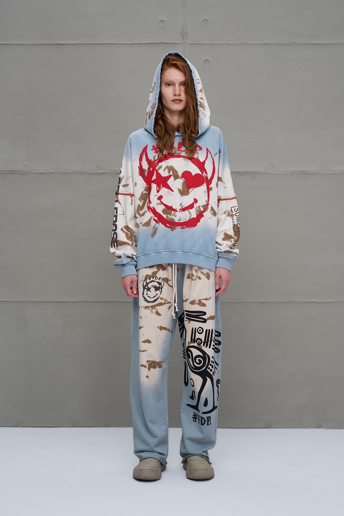Blue Beige Distressed Print Oversize Trousers 18002