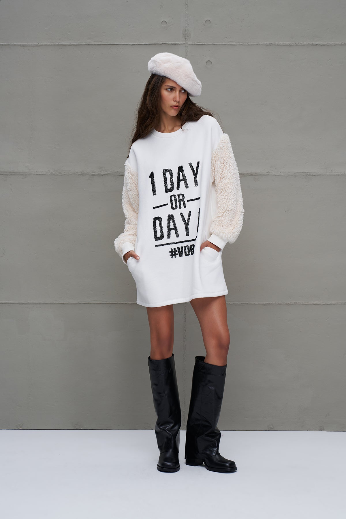 Off White Slogan Long Sleeve Dress 18011
