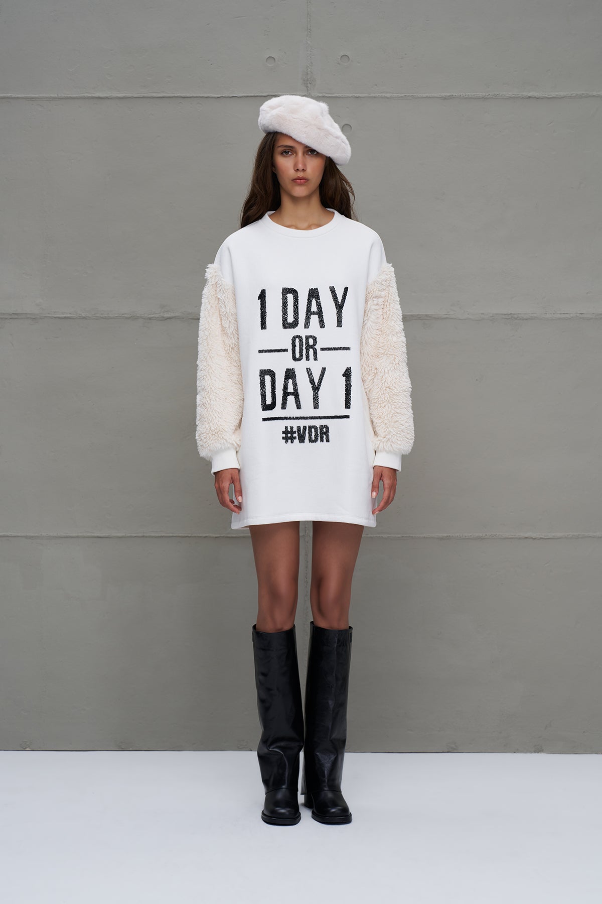 Off White Slogan Long Sleeve Dress 18011