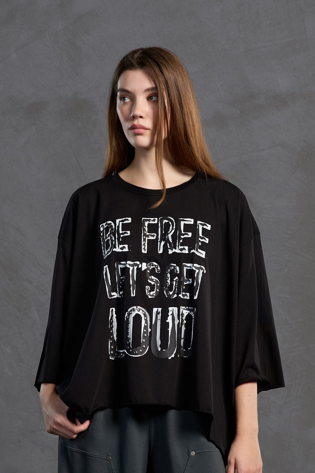 Black Slogan Asymmetric Oversized T-shirt 18035