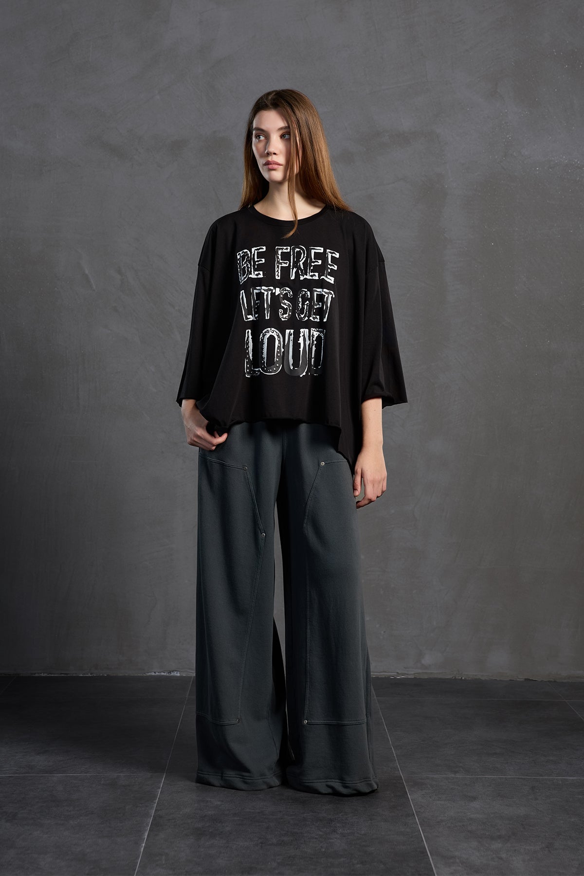 Black Slogan Asymmetric Oversized T-shirt 18035