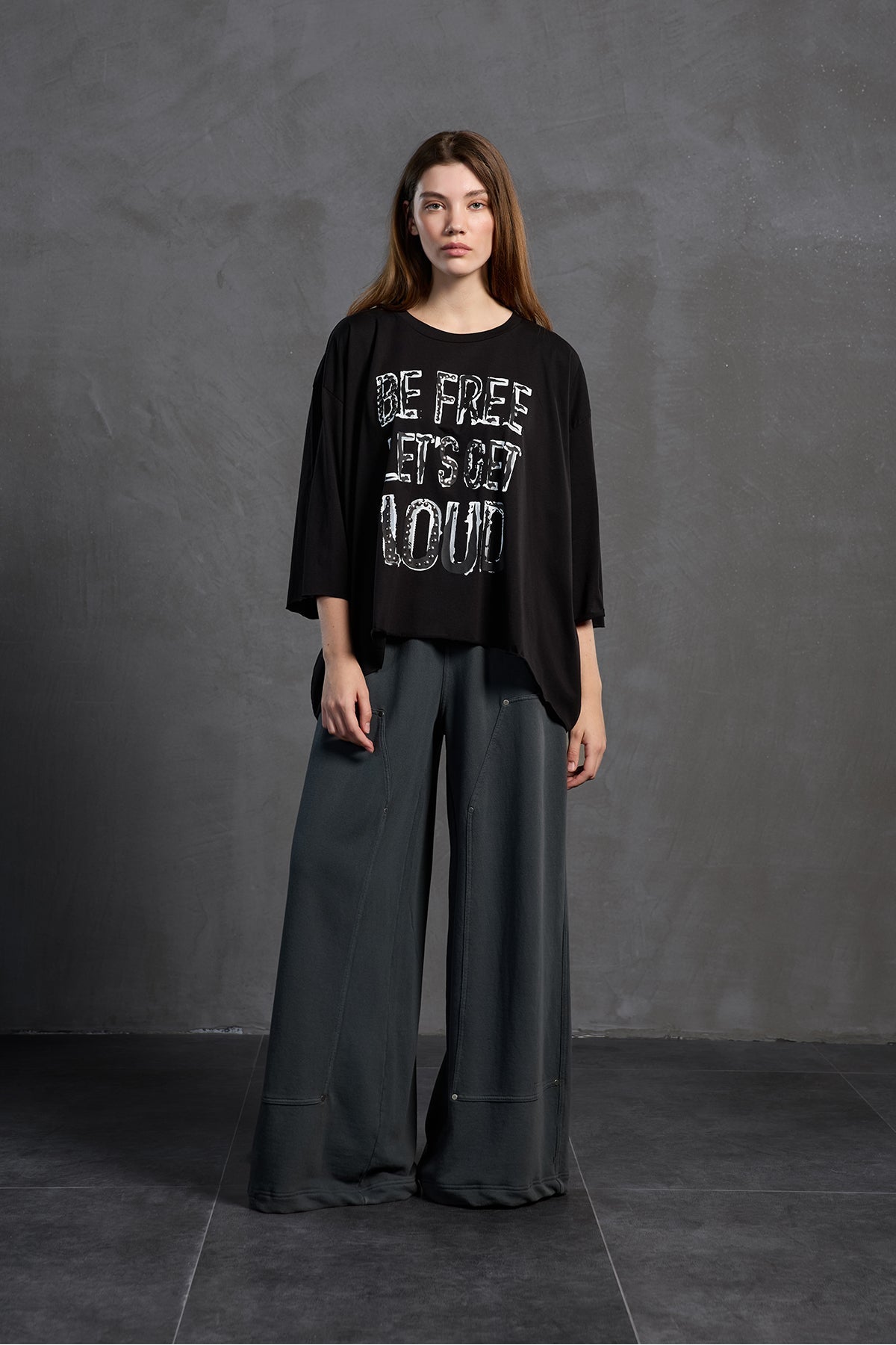 Black Slogan Asymmetric Oversized T-shirt 18035