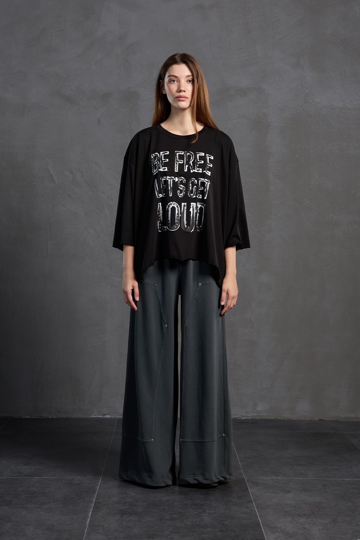 Black Slogan Asymmetric Oversized T-shirt 18035