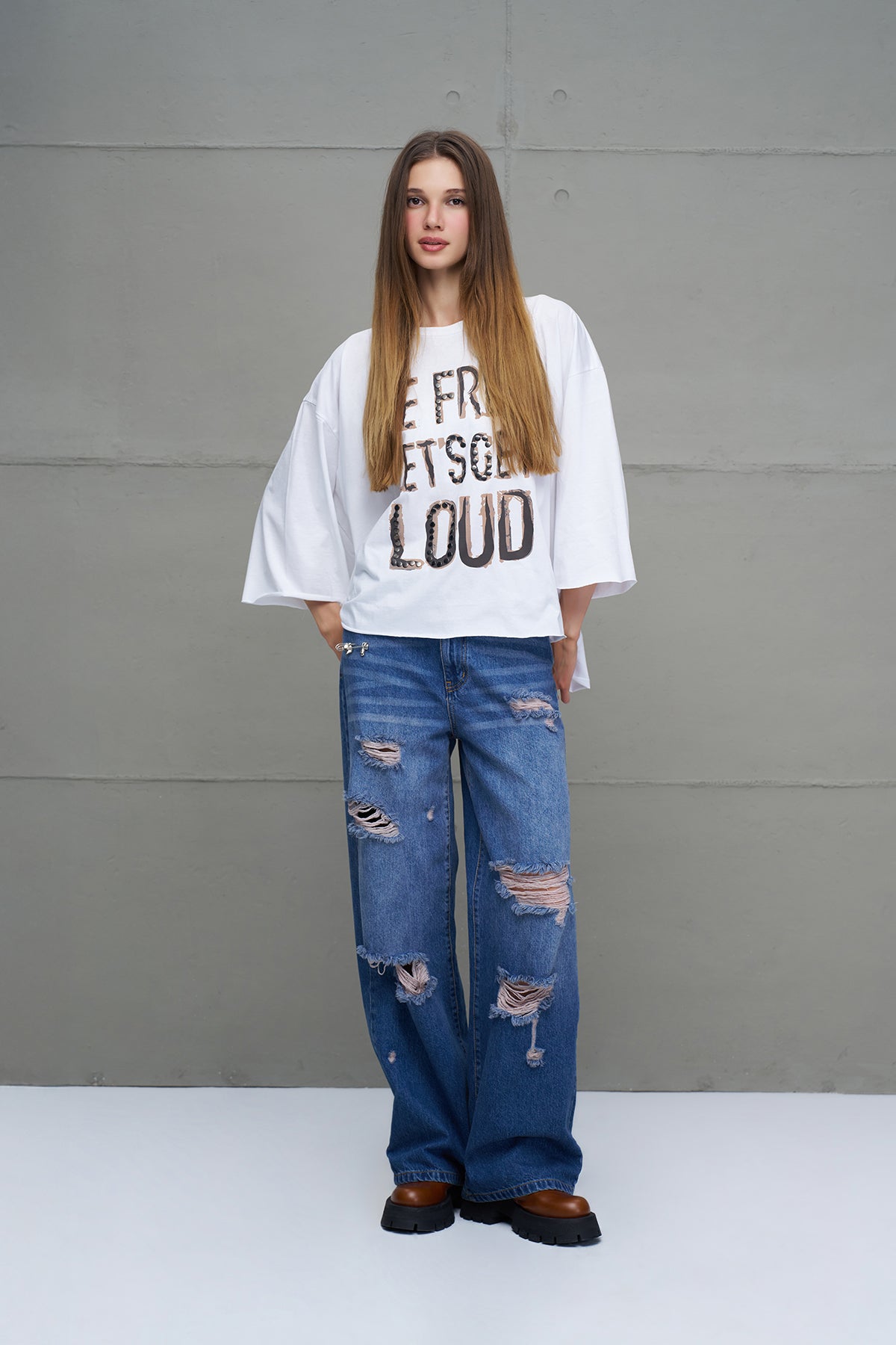 White Slogan Asymmetric Oversized T-shirt 18035
