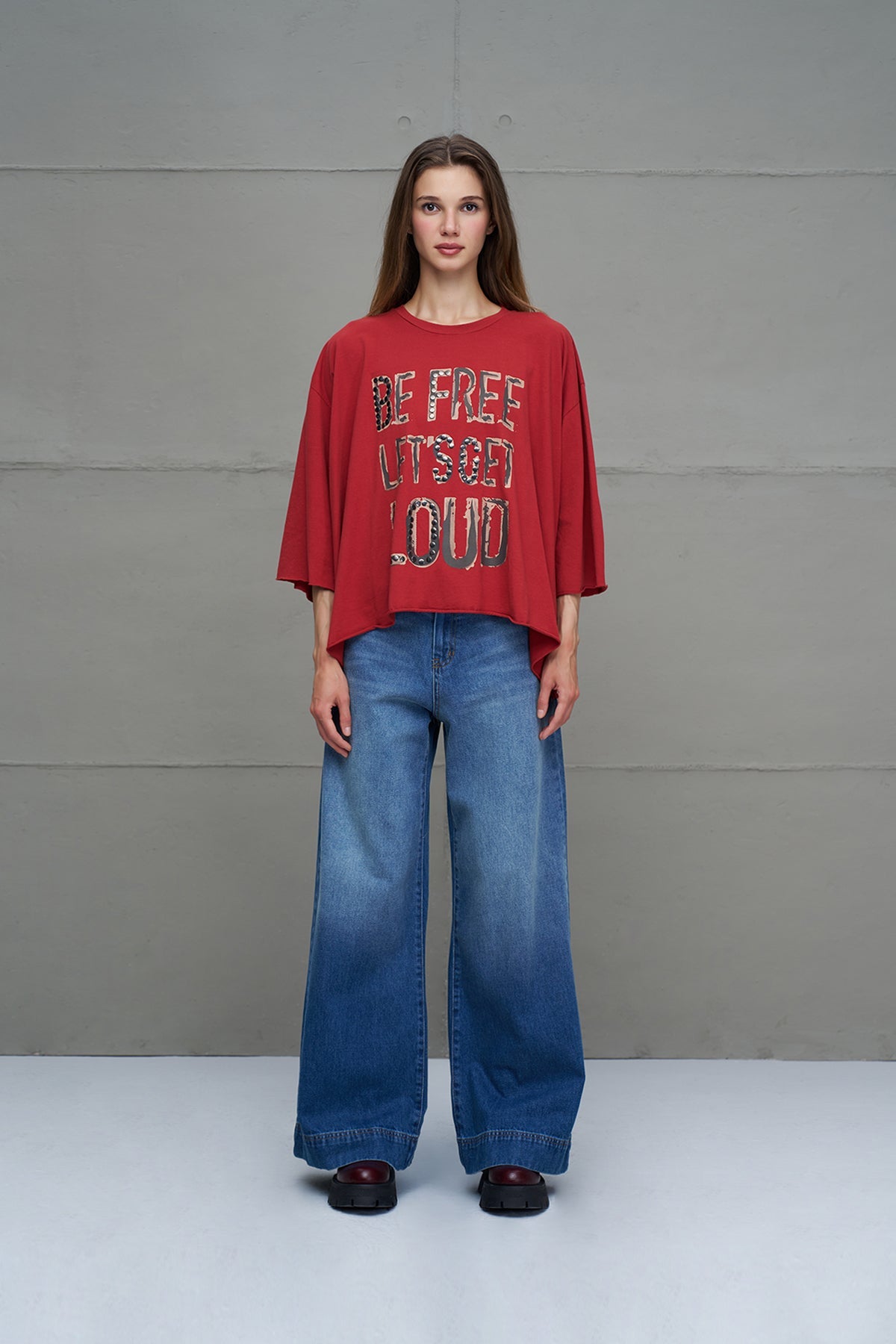 Maroon Slogan Asymmetric Oversized T-shirt 18035