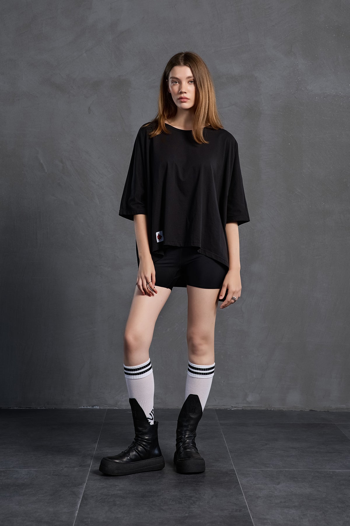 Black Printed Asymmetric Oversized T-shirt 18037