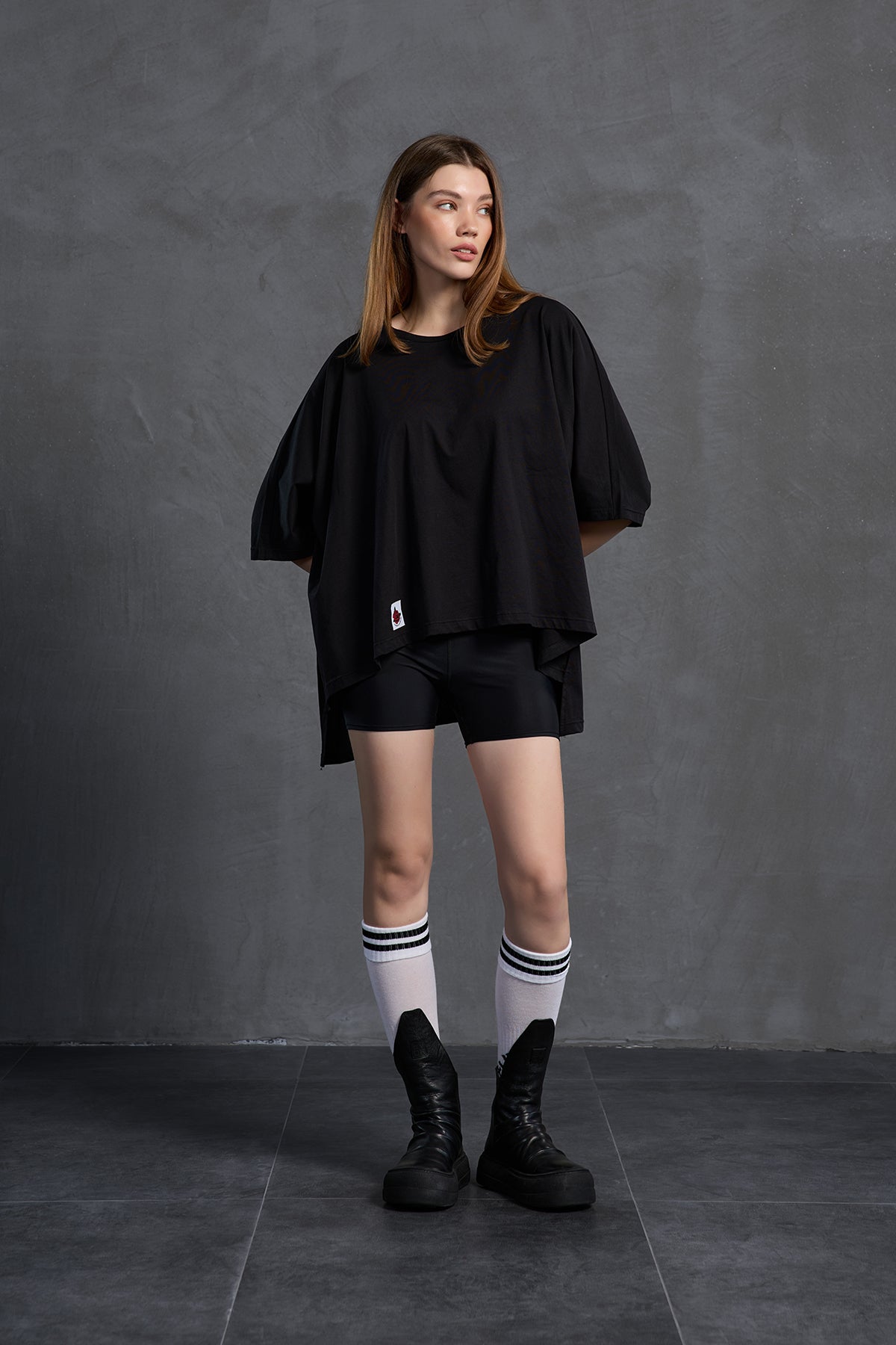 Black Printed Asymmetric Oversized T-shirt 18037