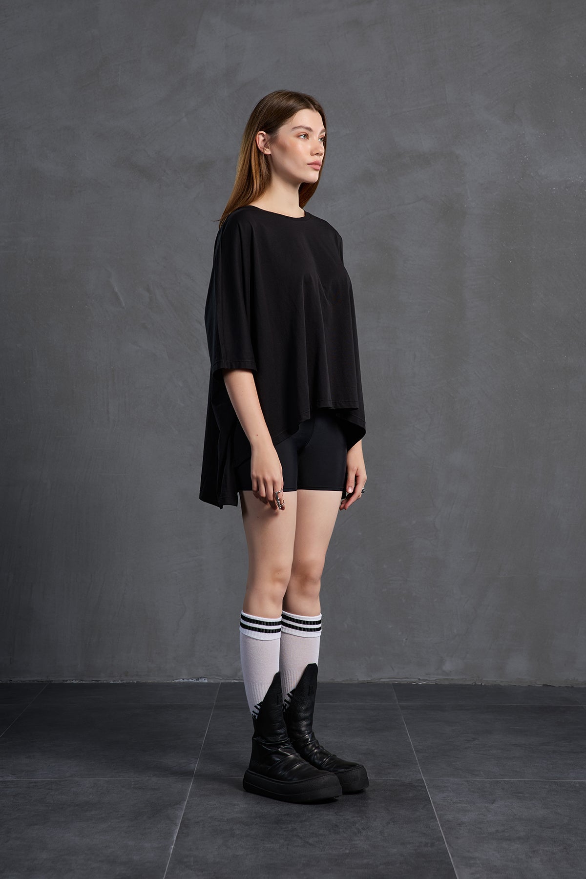 Black Printed Asymmetric Oversized T-shirt 18037