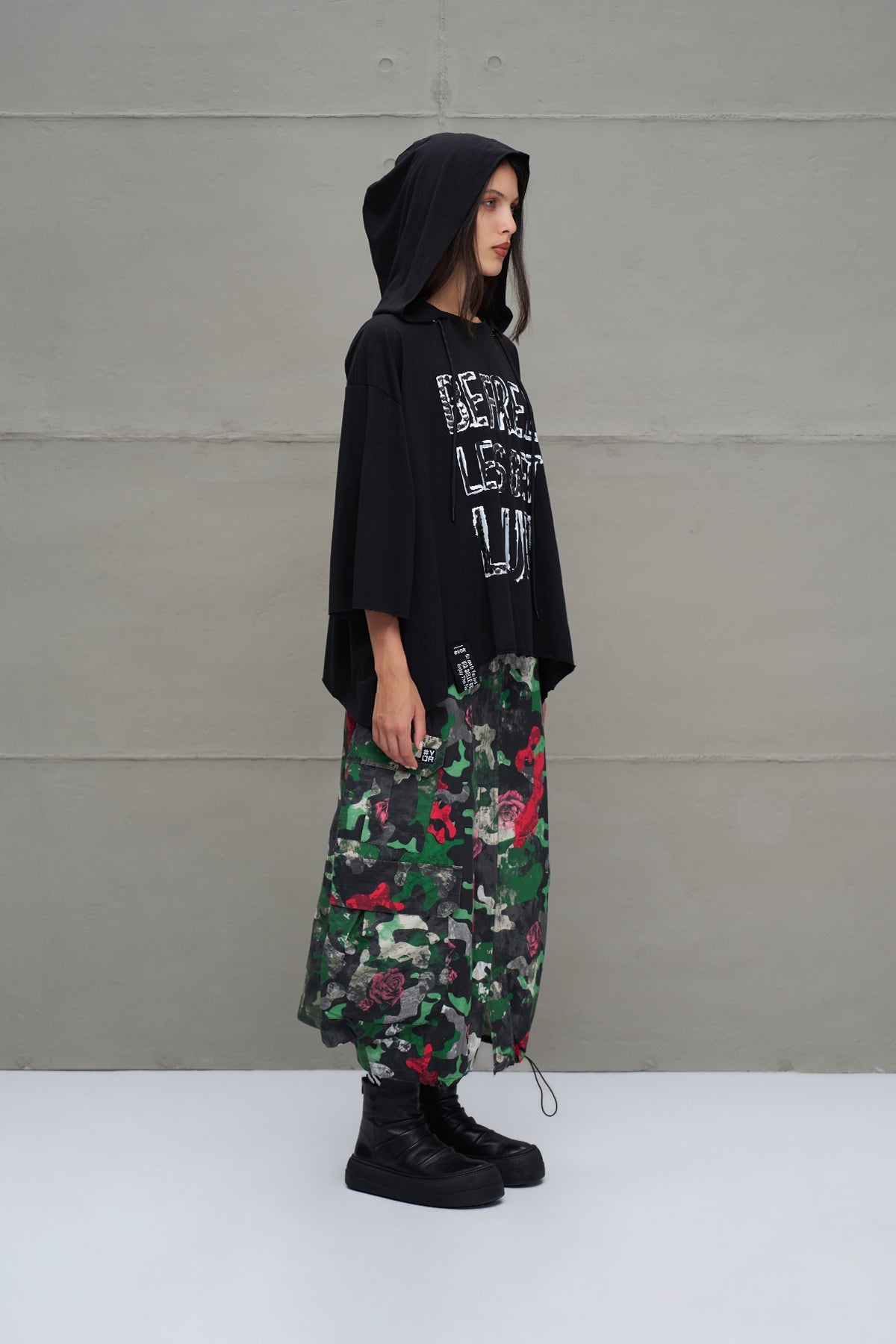 Black Slogan Asymmetric Oversized Hooded T-shirt 18042