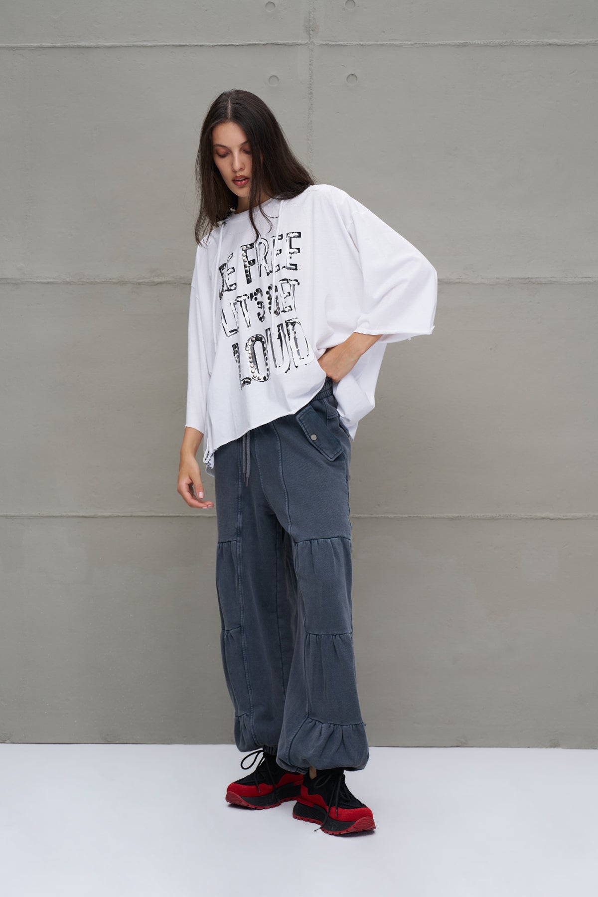 White Slogan Asymmetric Oversized Hooded T-shirt 18042