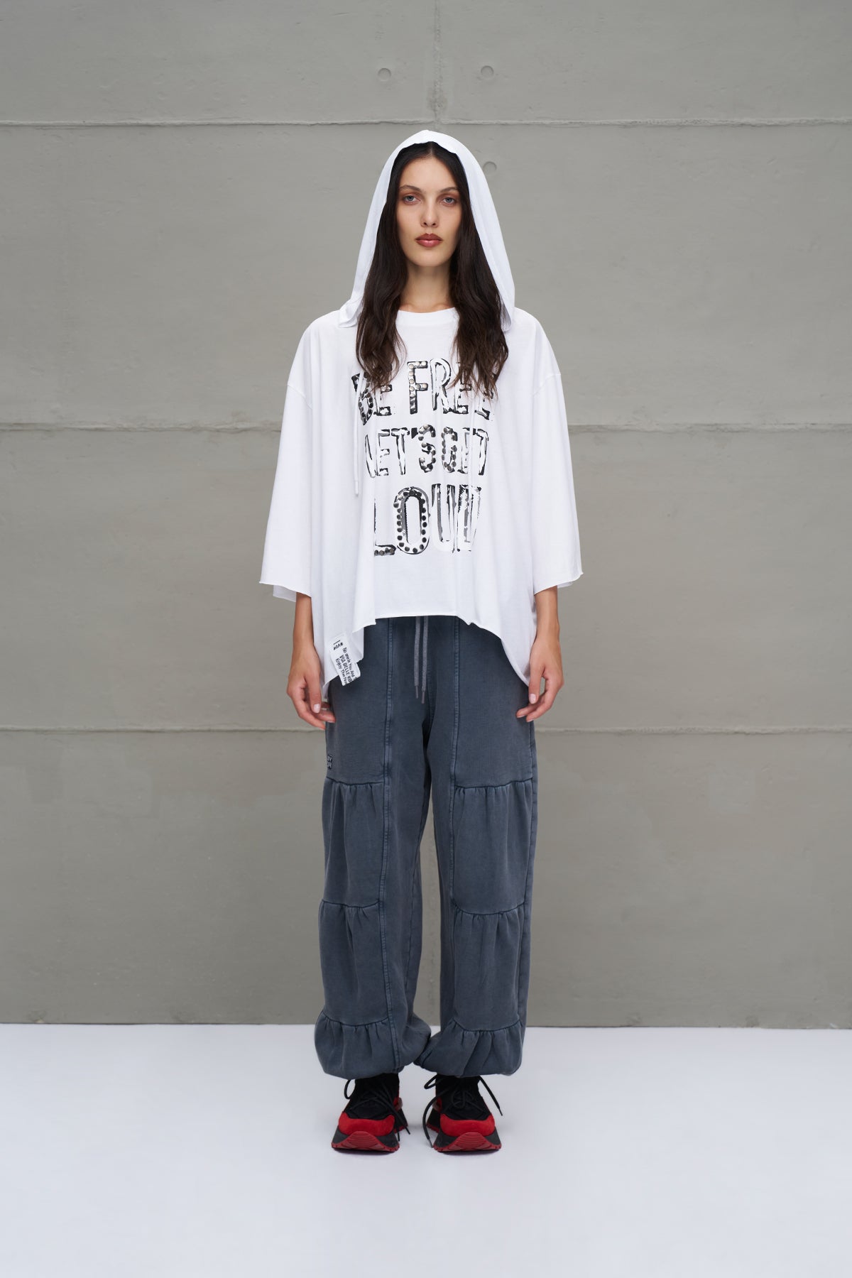 White Slogan Asymmetric Oversized Hooded T-shirt 18042