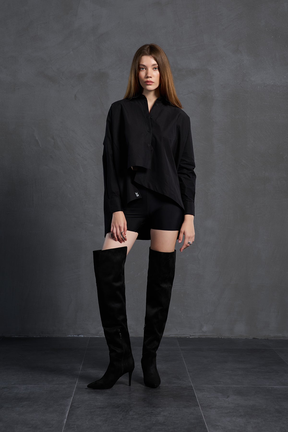 Black Asymmetric Oversized Poplin Shirt 18049
