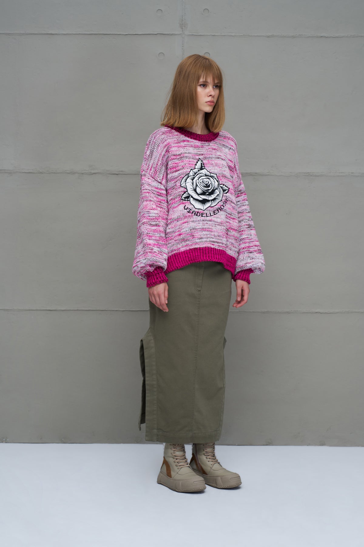 Pink White Oversized Knit Knit Sweater 18054
