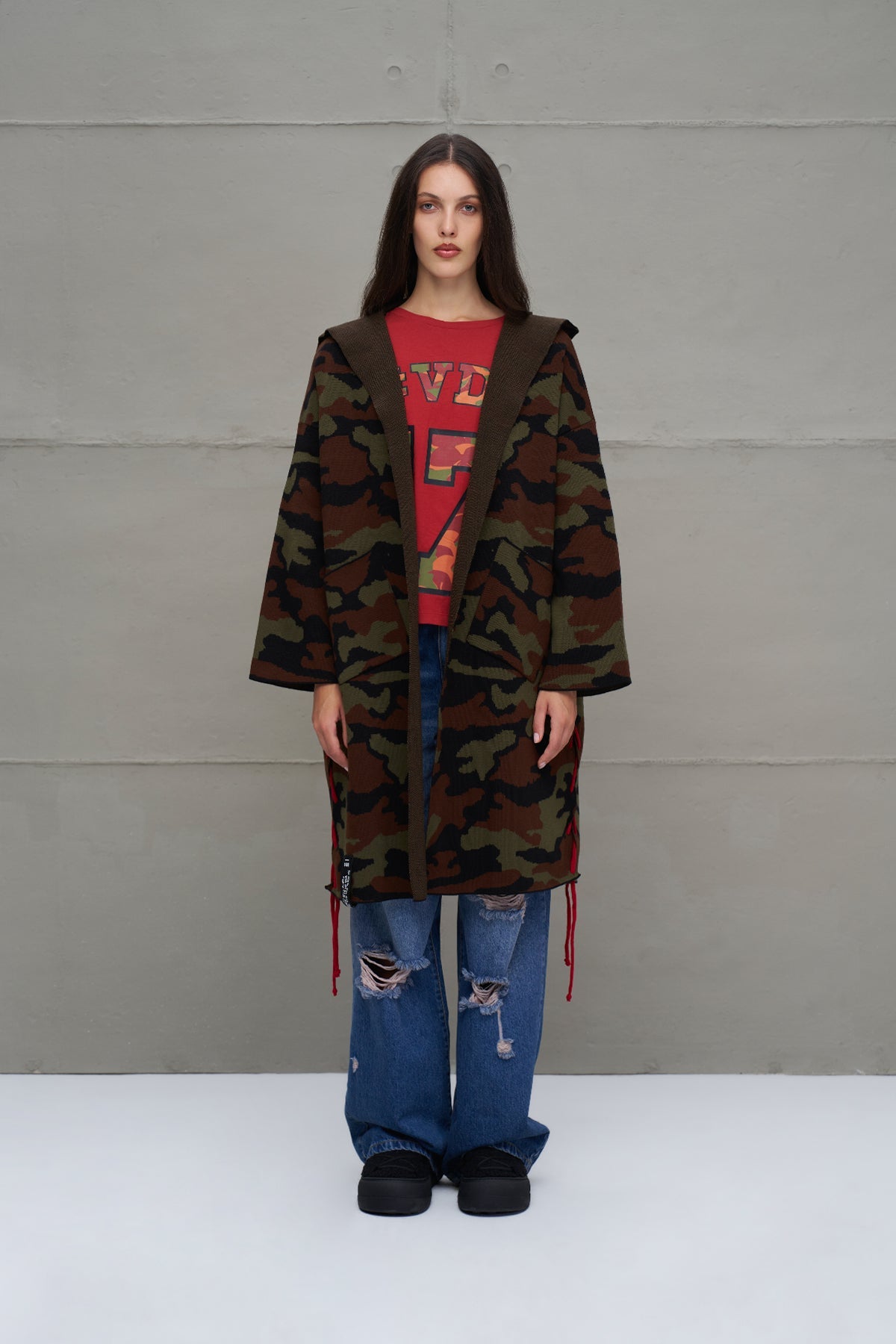 Black Khaki Maroon Camouflage Print Oversized Knit Cardigan 18056