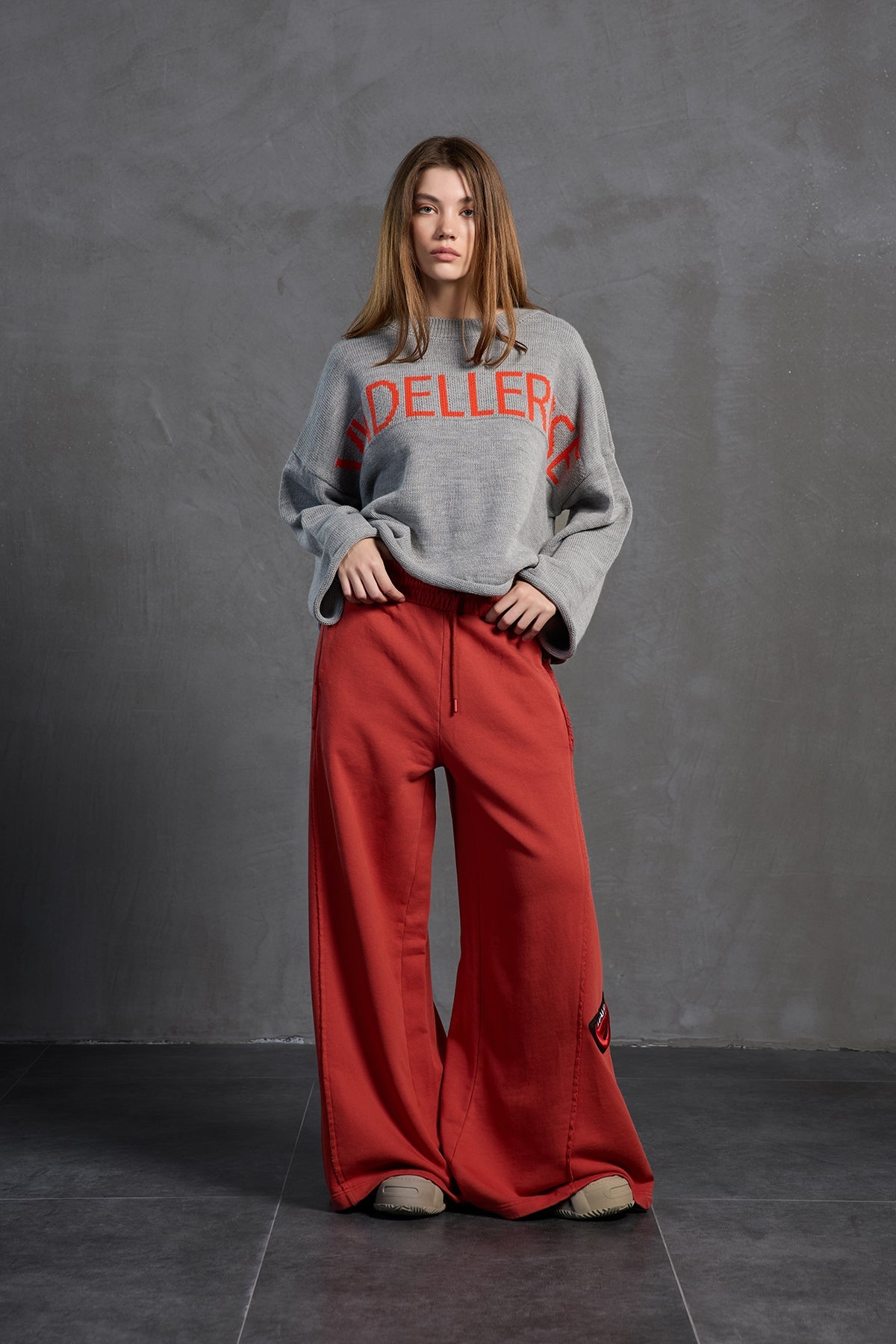 Grey Melange Printed Oversized Knit Sweater 18057