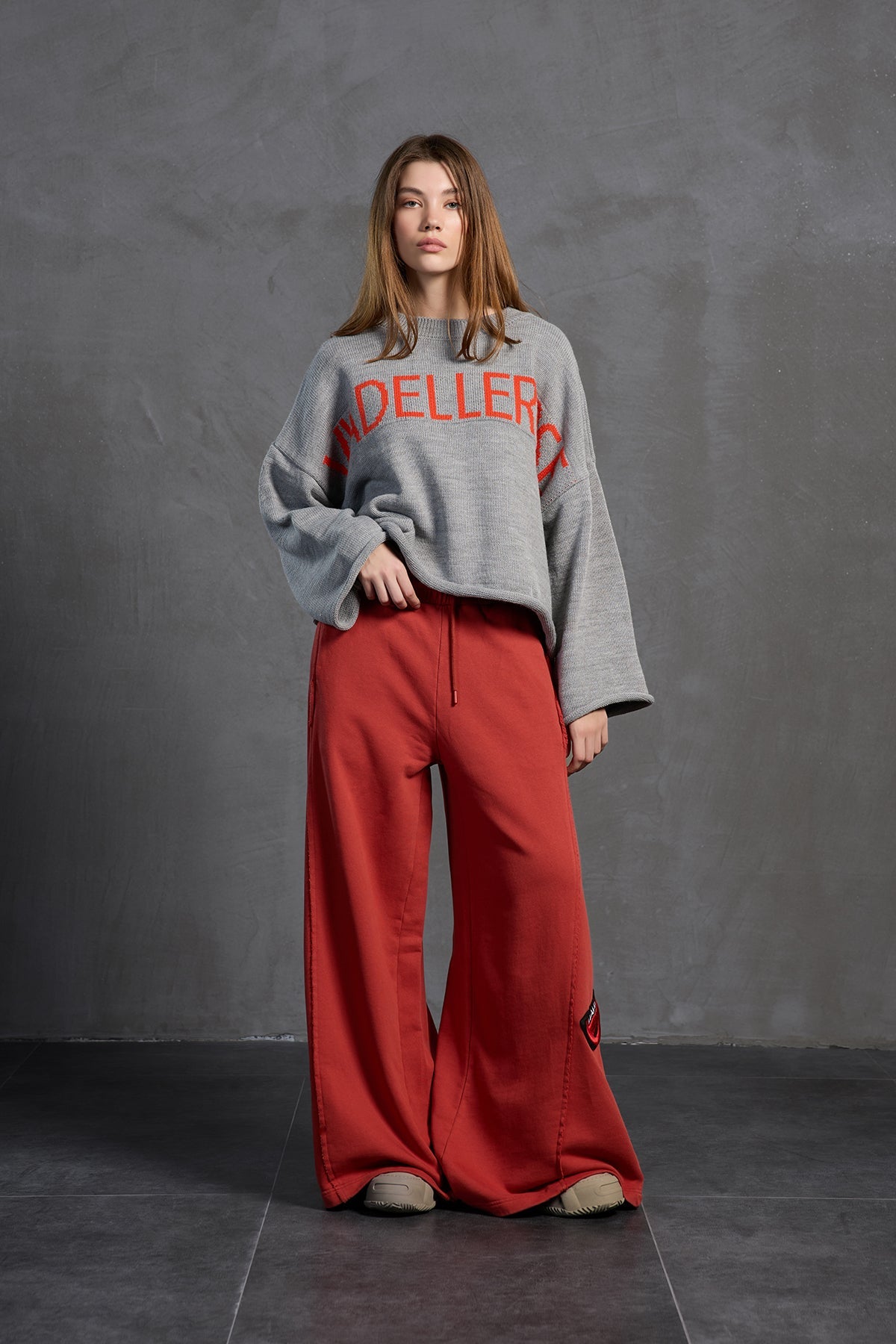 Grey Melange Printed Oversized Knit Sweater 18057