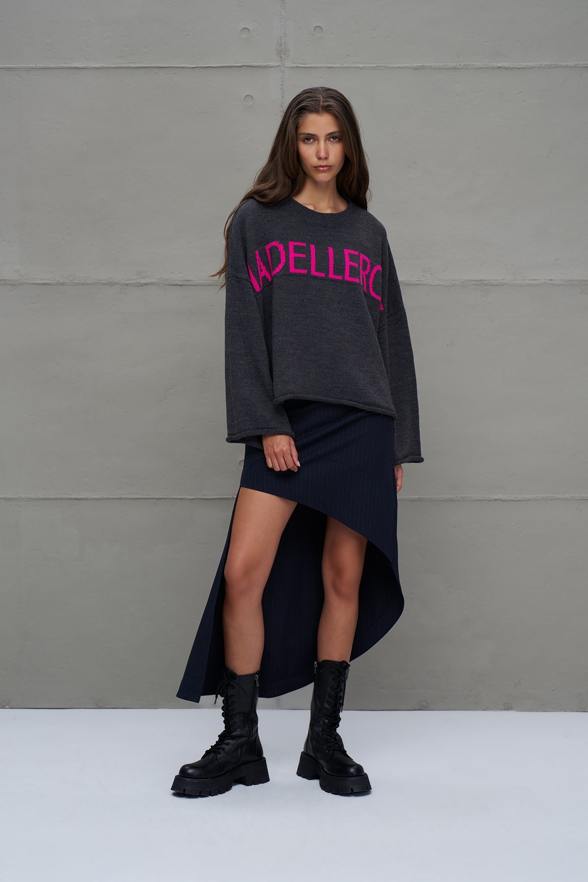 Anthracite Printed Oversized Knit Sweater 18057