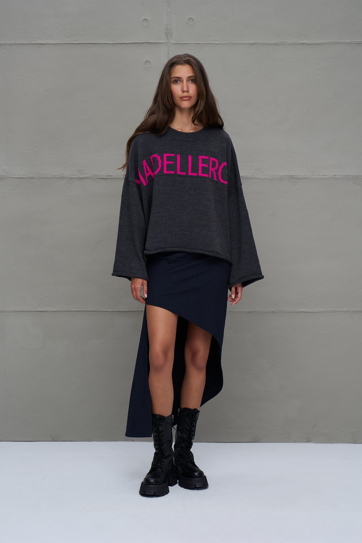 Anthracite Printed Oversized Knit Sweater 18057