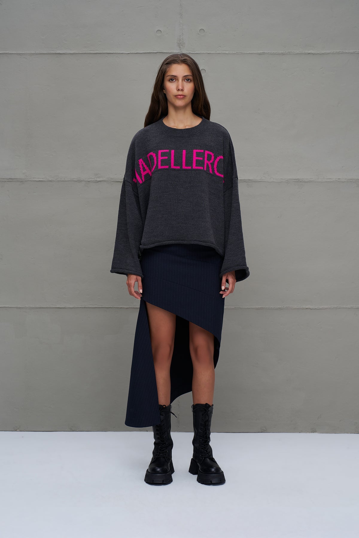 Anthracite Printed Oversized Knit Sweater 18057