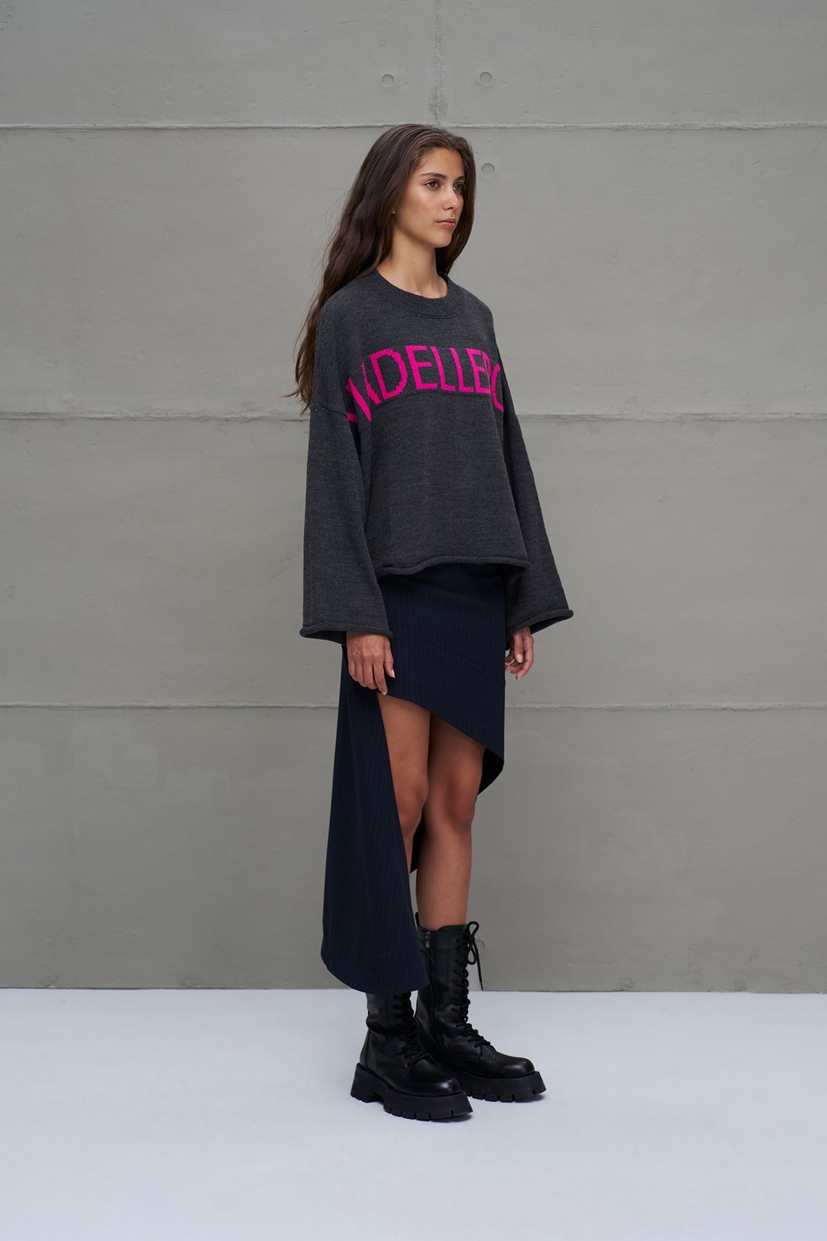 Anthracite Printed Oversized Knit Sweater 18057