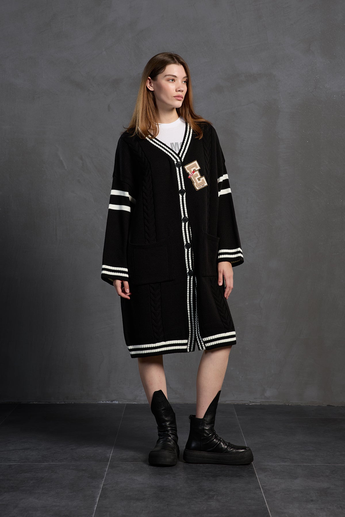 Black Off White Long Oversized Knit Cardigan 18058