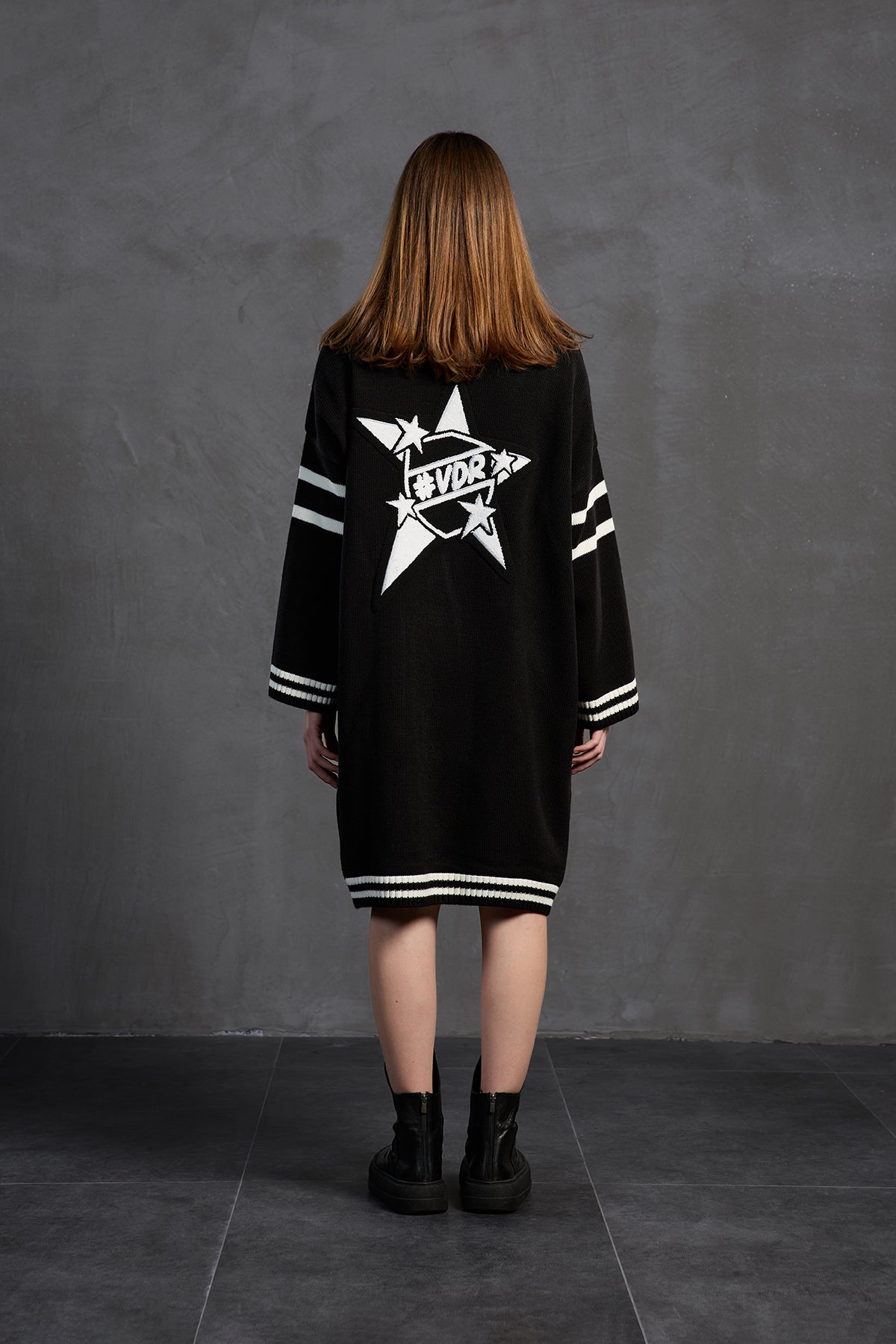 Black Off White Long Oversized Knit Cardigan 18058