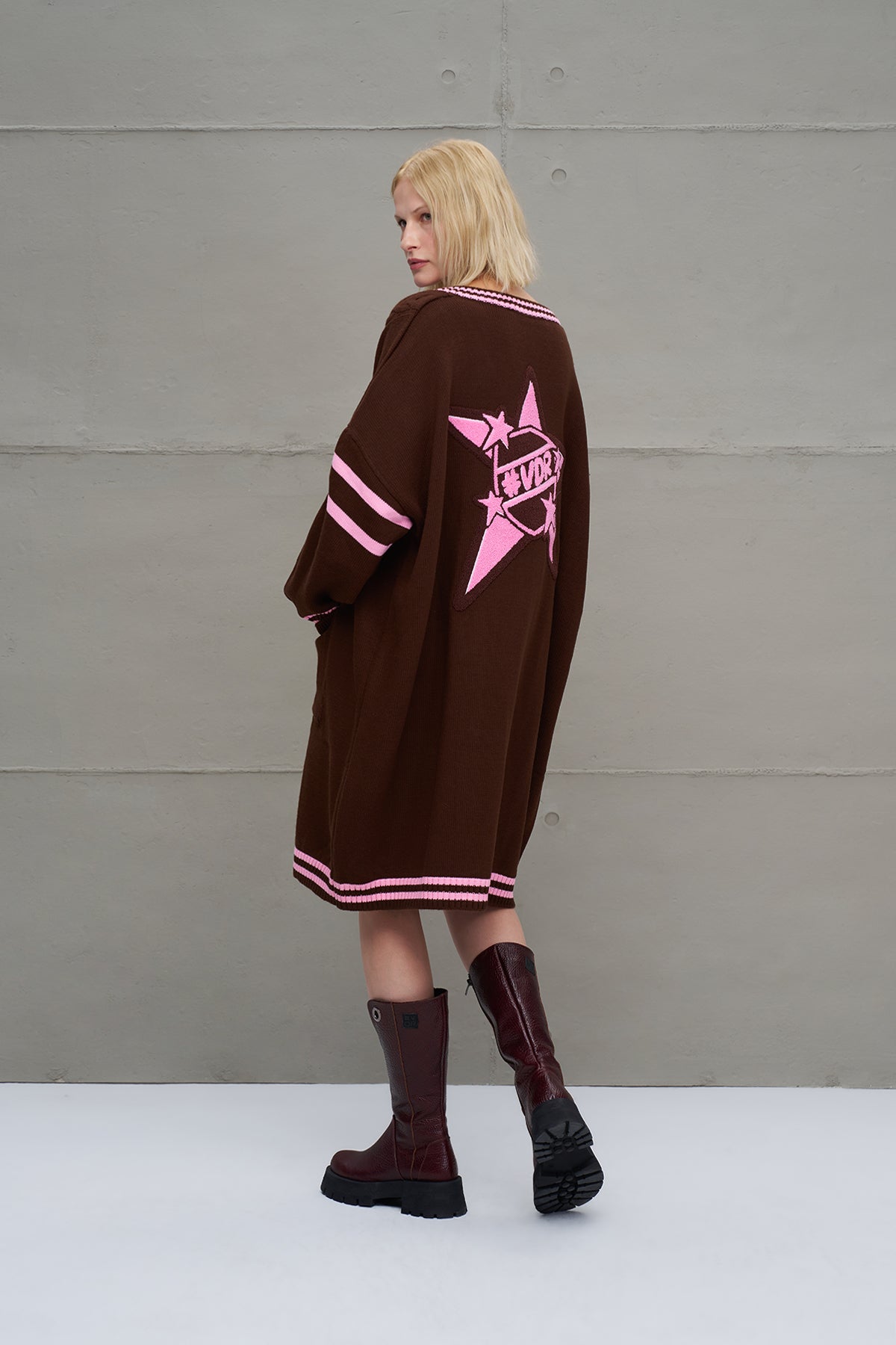 Brown Light Pink Long Oversized Knit Knit Cardigan 18058