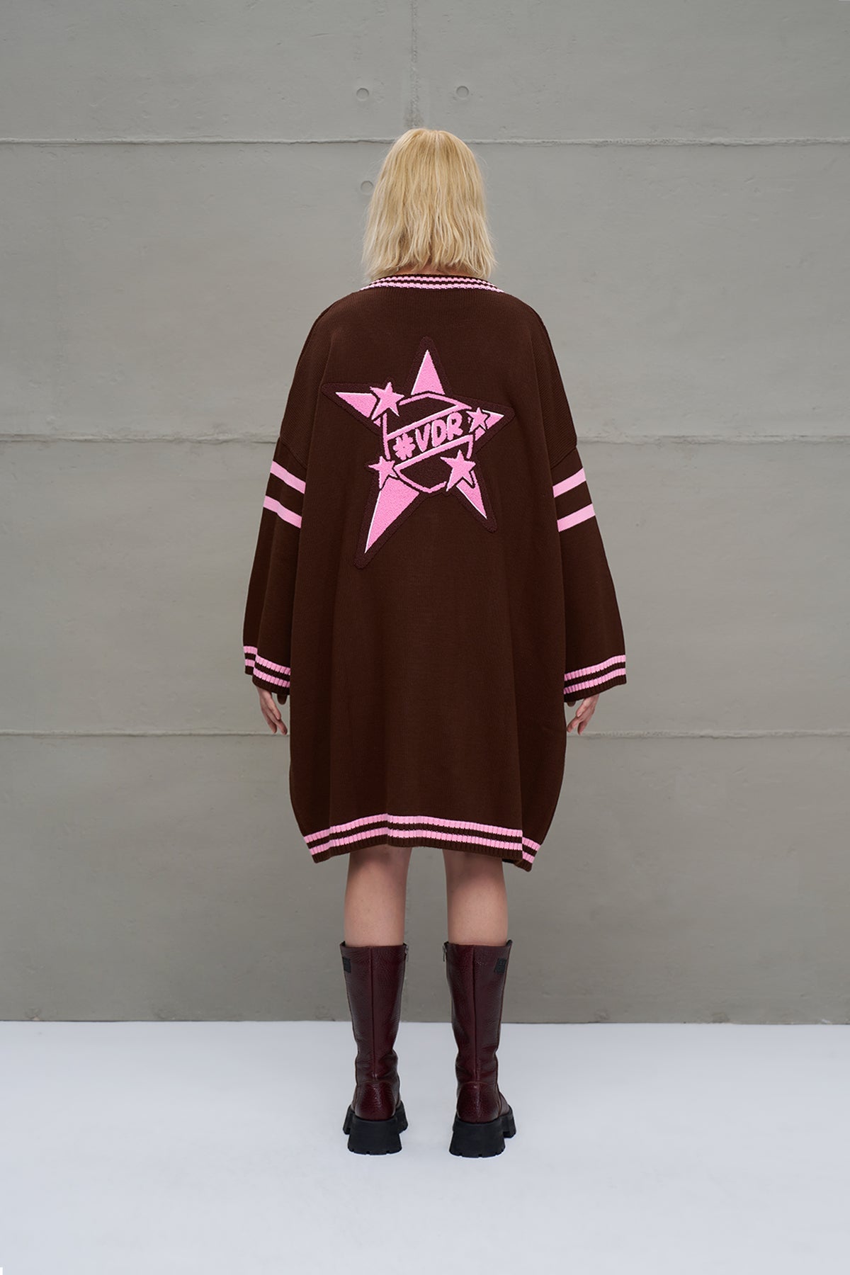 Brown Light Pink Long Oversized Knit Knit Cardigan 18058