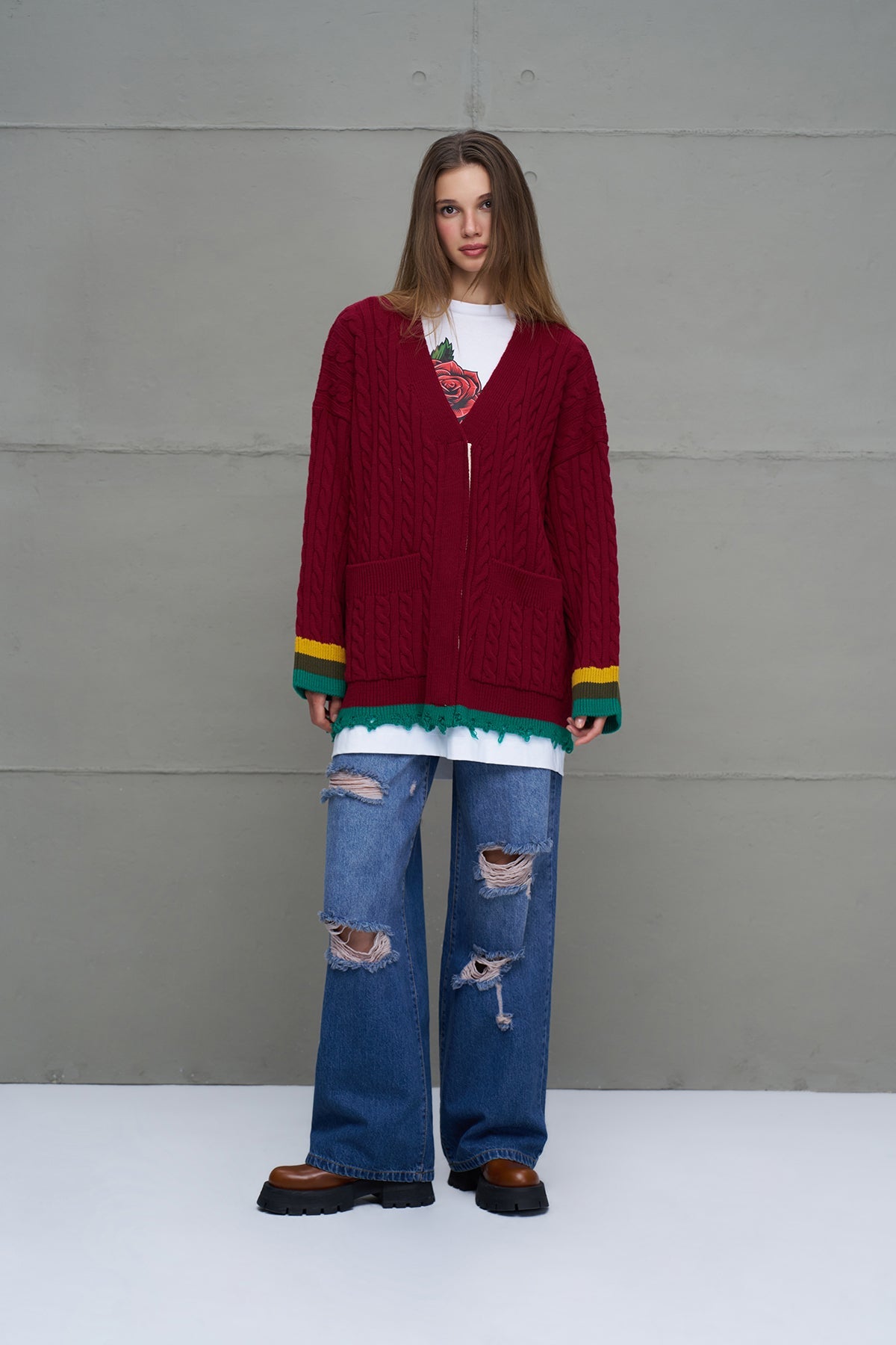 Burgundy Logo Print Oversized Knit Knit Cardigan 18063
