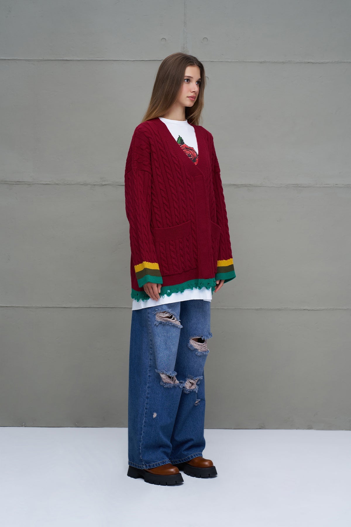Burgundy Logo Print Oversized Knit Knit Cardigan 18063