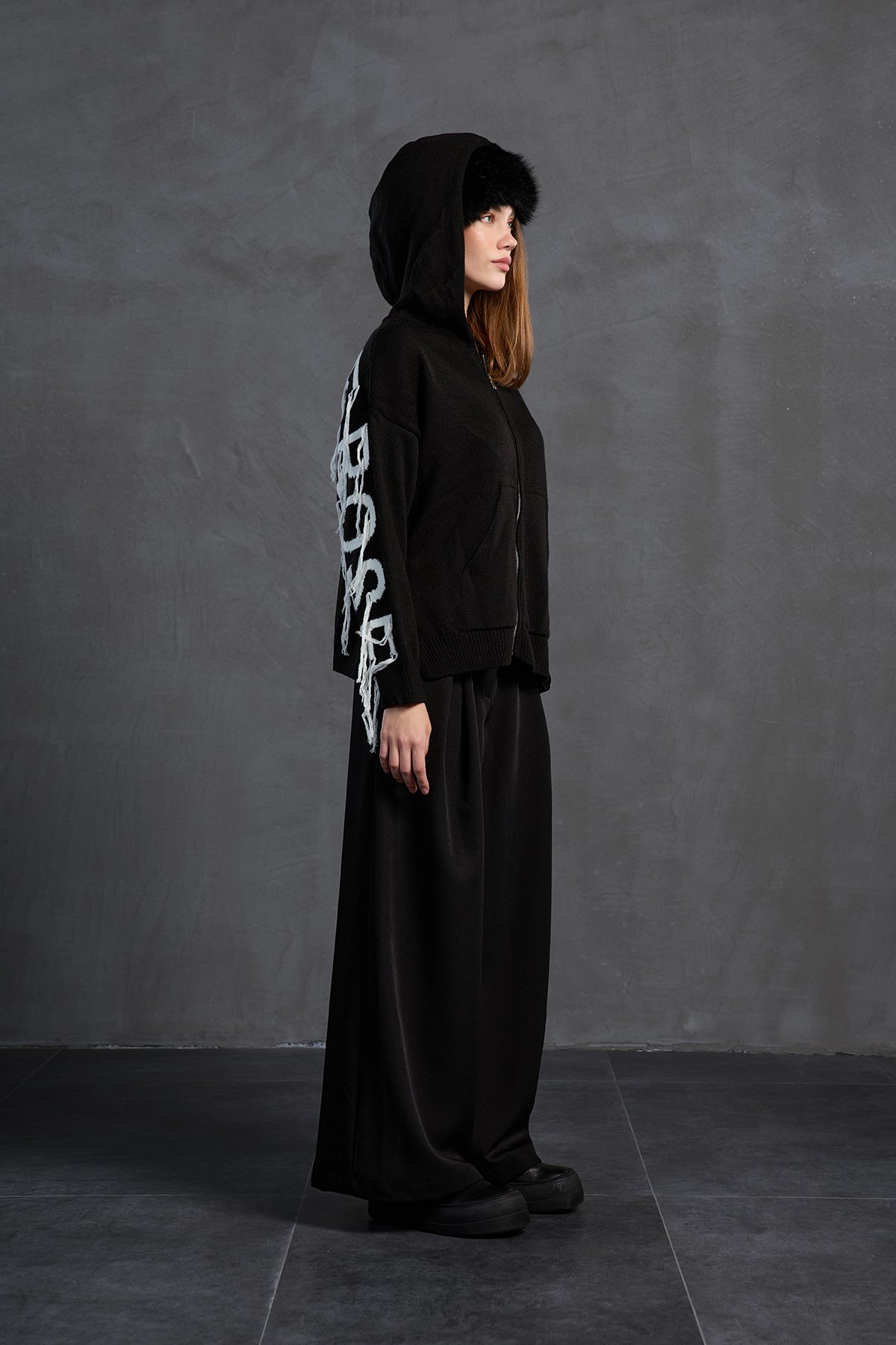 Black Off White Hooded Zip-up Oversized Knit Sweater 18070