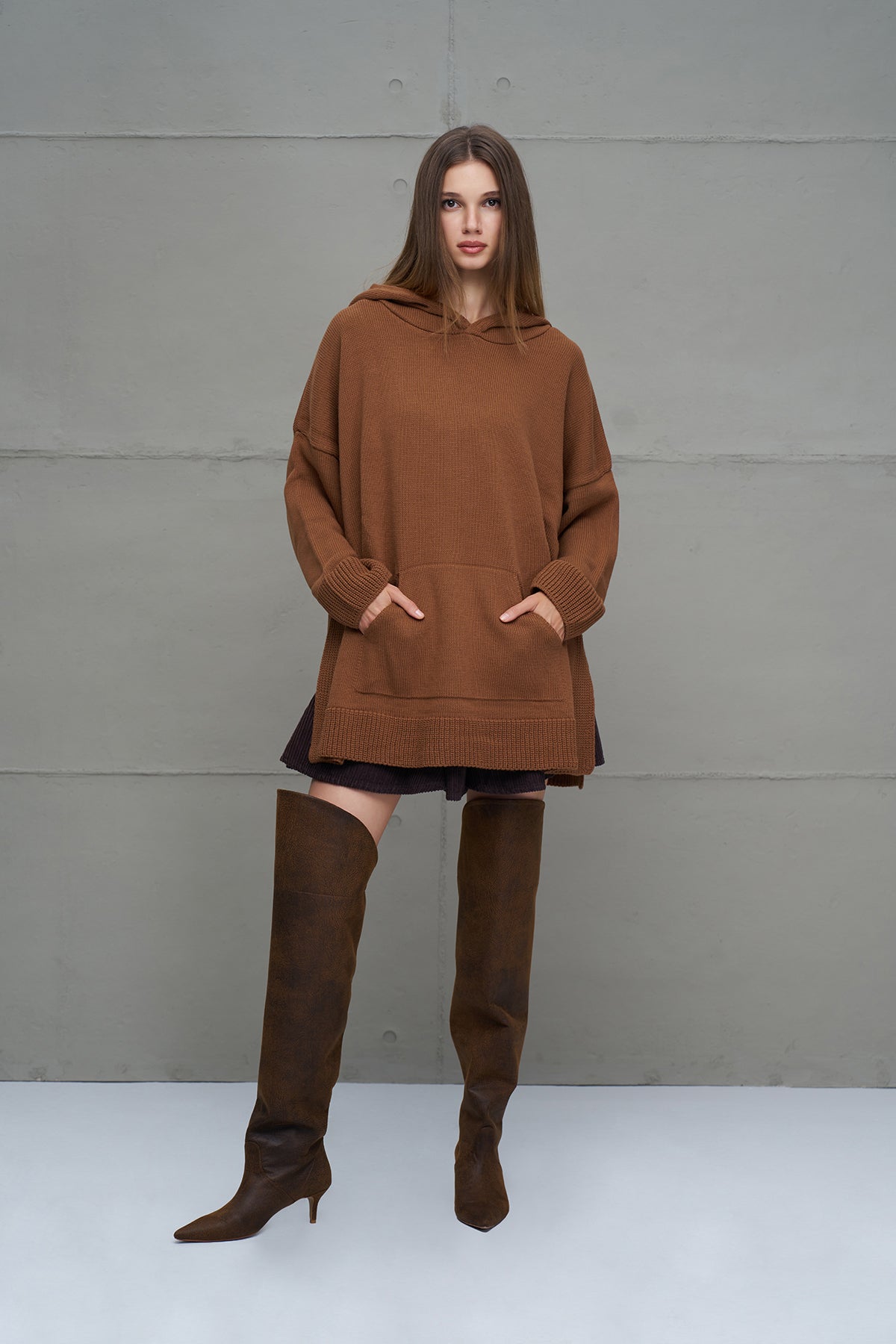 Brown Hooded Oversized Knit Sweater 18071