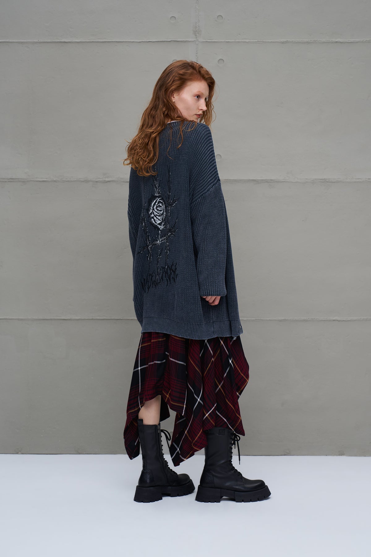 Anthracite Back Patterned Oversized Knit Knit Cardigan 18074