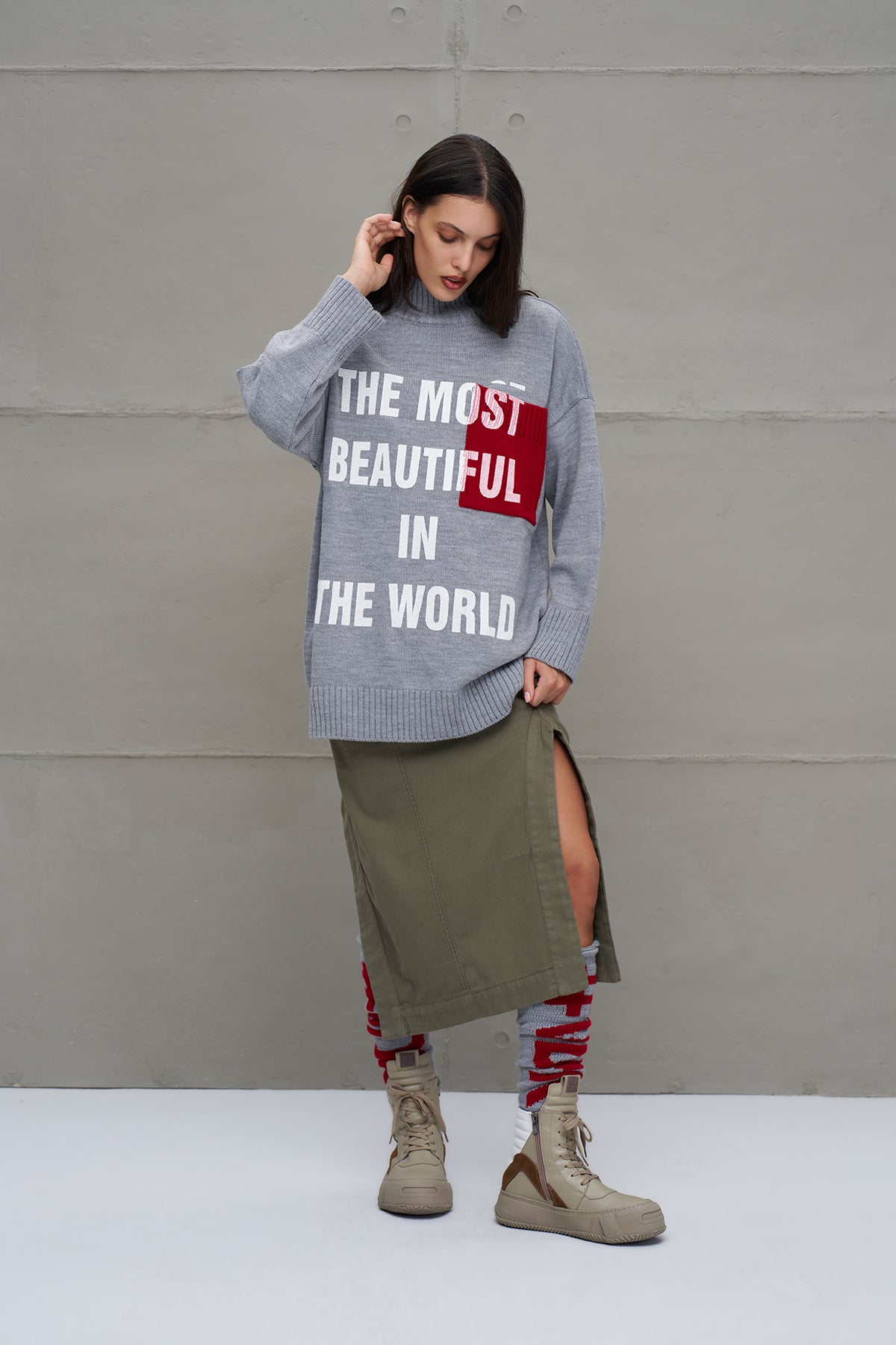 Grey Melange Slogan Oversized Knit Sweater 18075