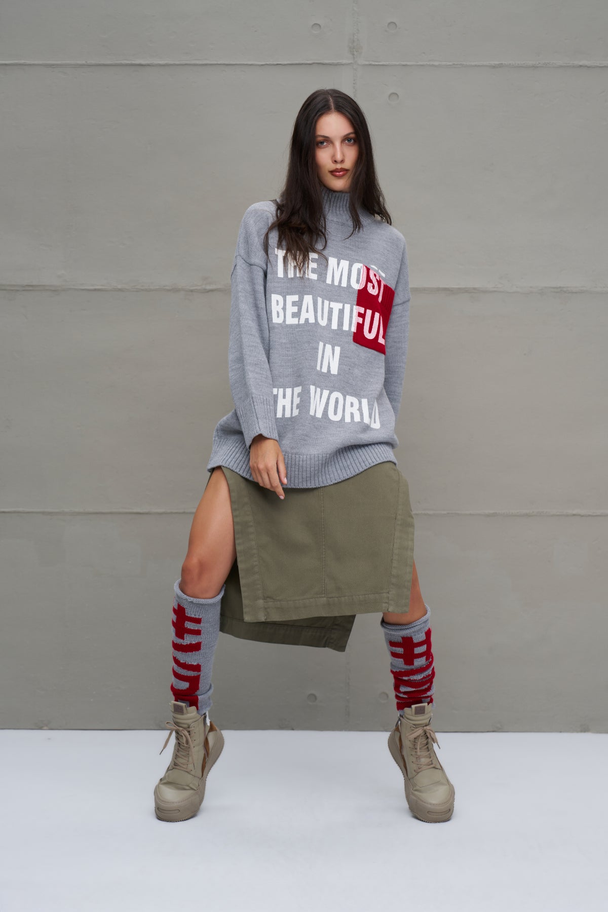 Grey Melange Slogan Oversized Knit Sweater 18075