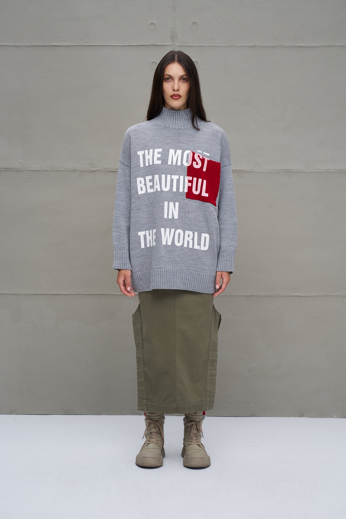 Grey Melange Slogan Oversized Knit Sweater 18075