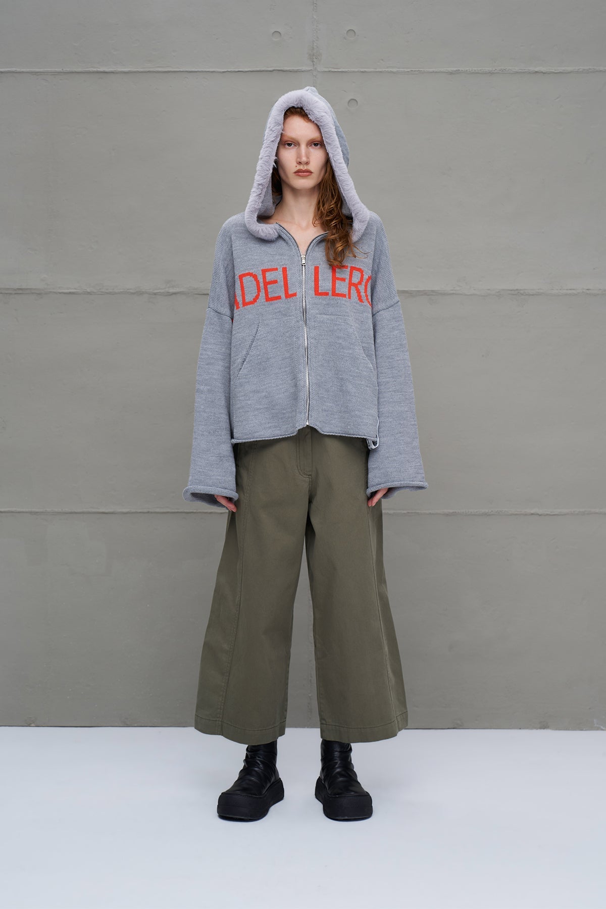 Grey Melange Zip-up Lettering Oversized Hooded Knit Knit Sweater 18076