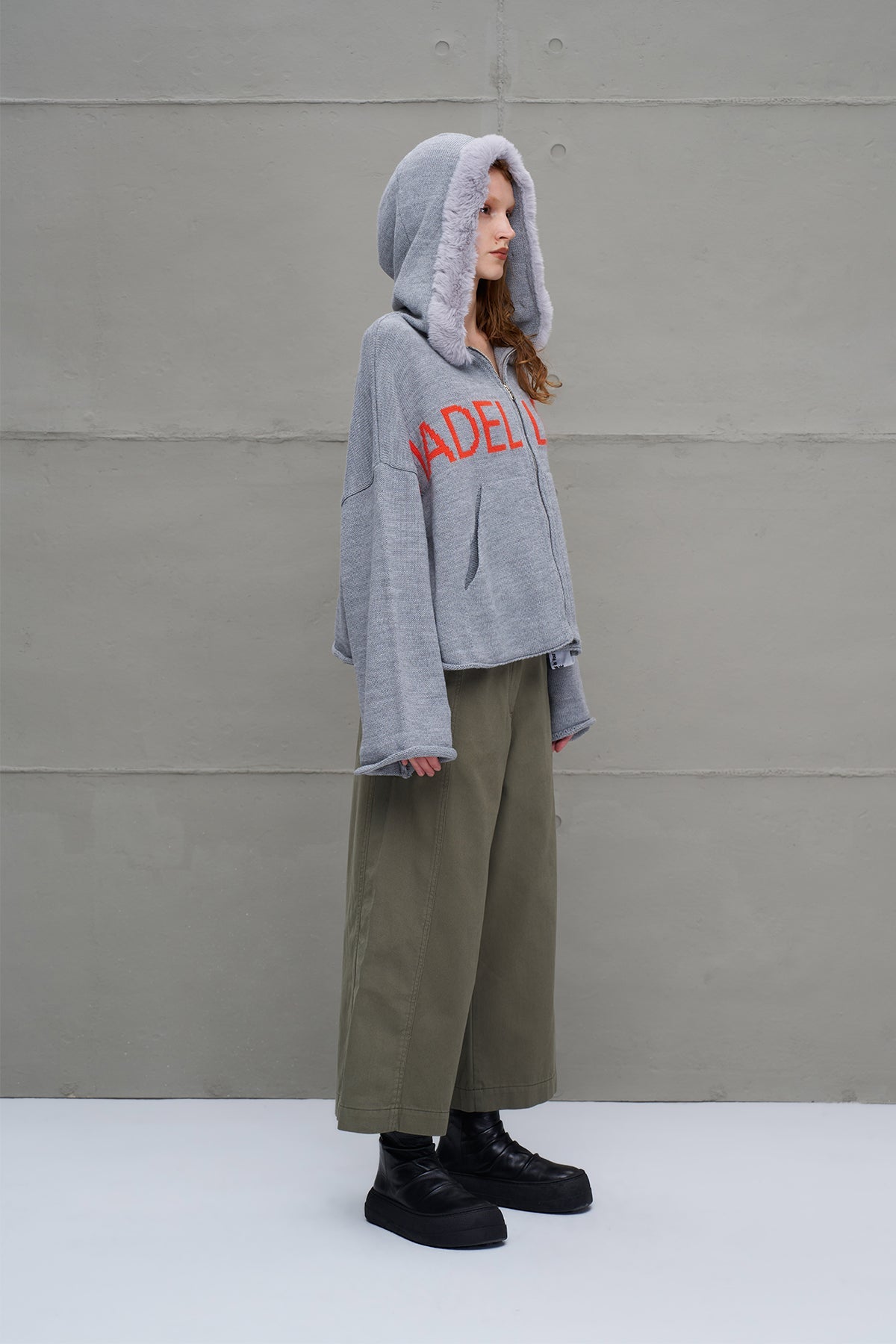 Grey Melange Zip-up Lettering Oversized Hooded Knit Knit Sweater 18076