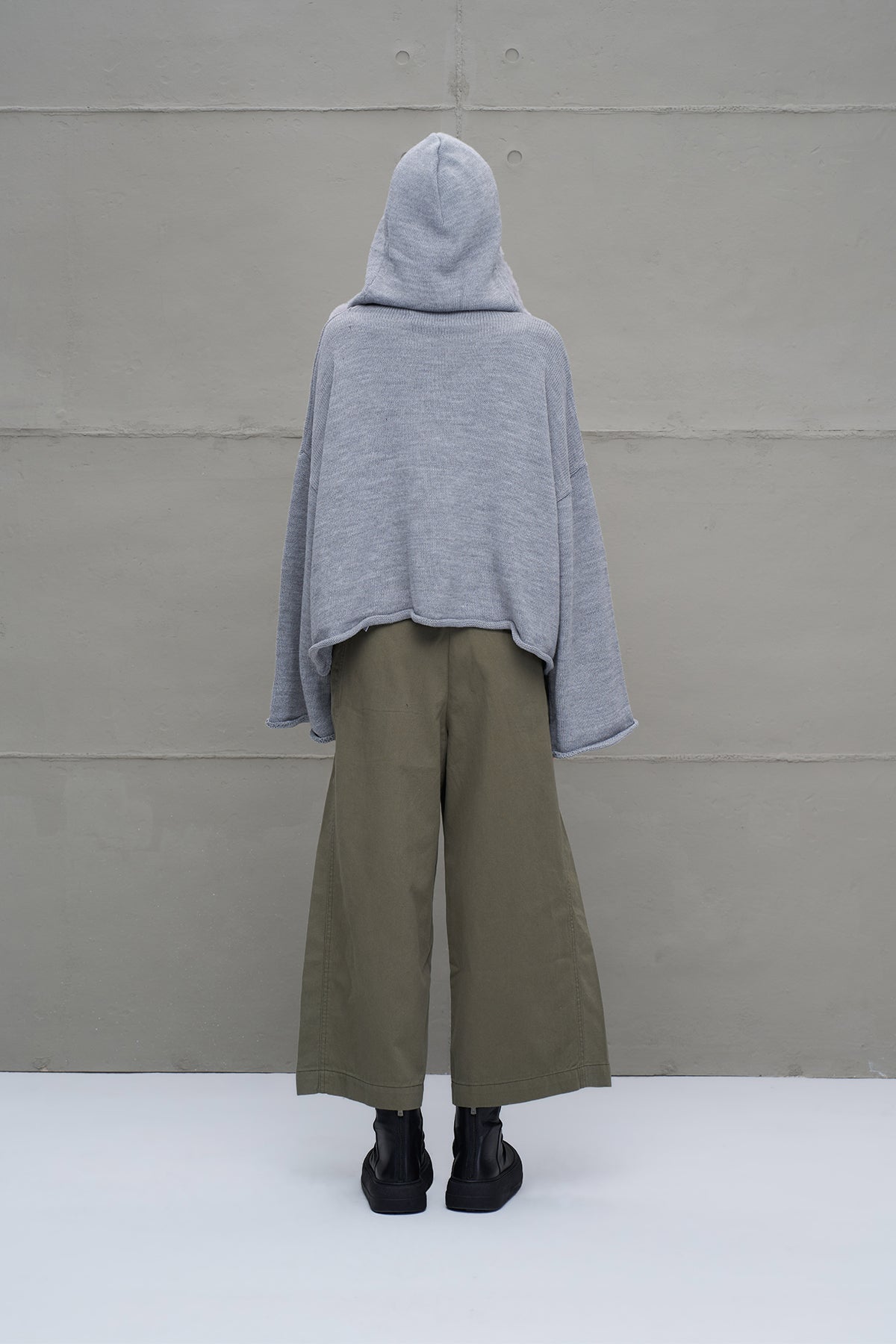 Grey Melange Zip-up Lettering Oversized Hooded Knit Knit Sweater 18076