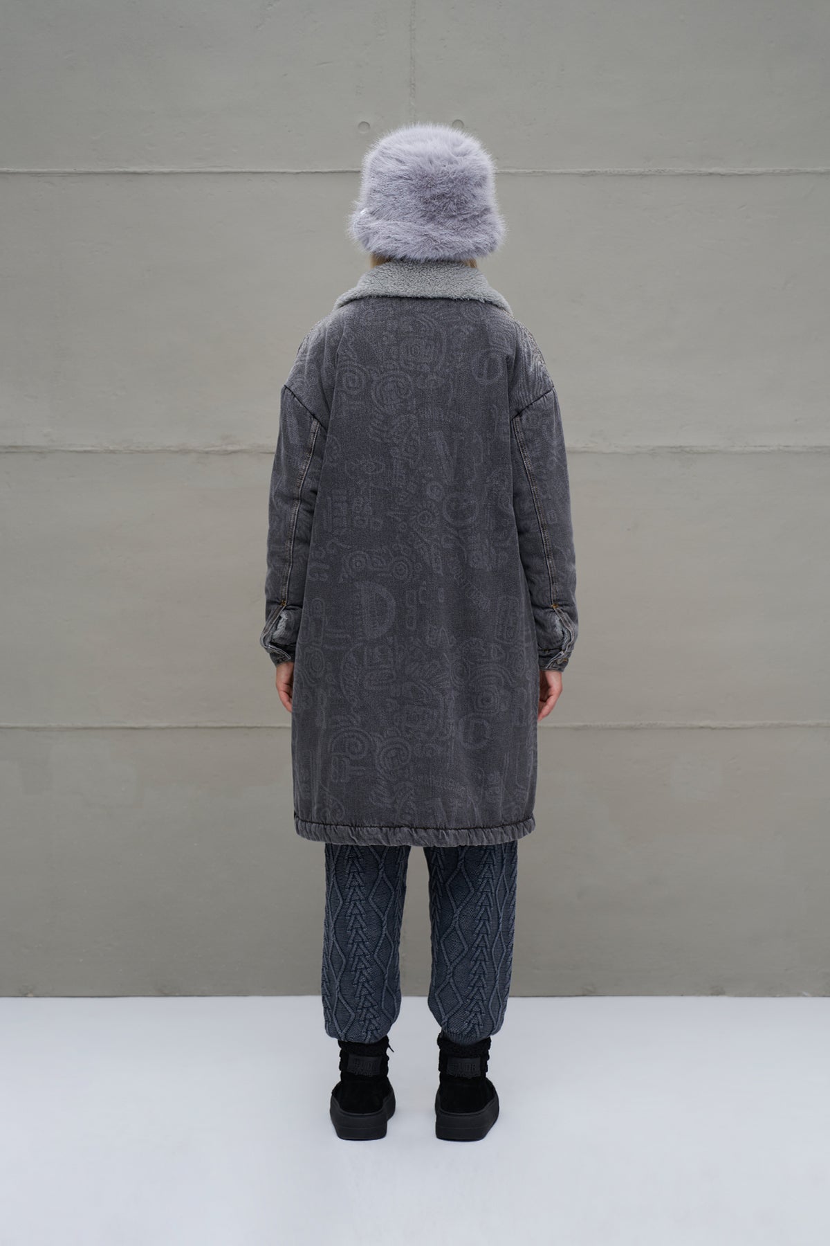 Anthracite Faux Fur Long Denim Coat 18098