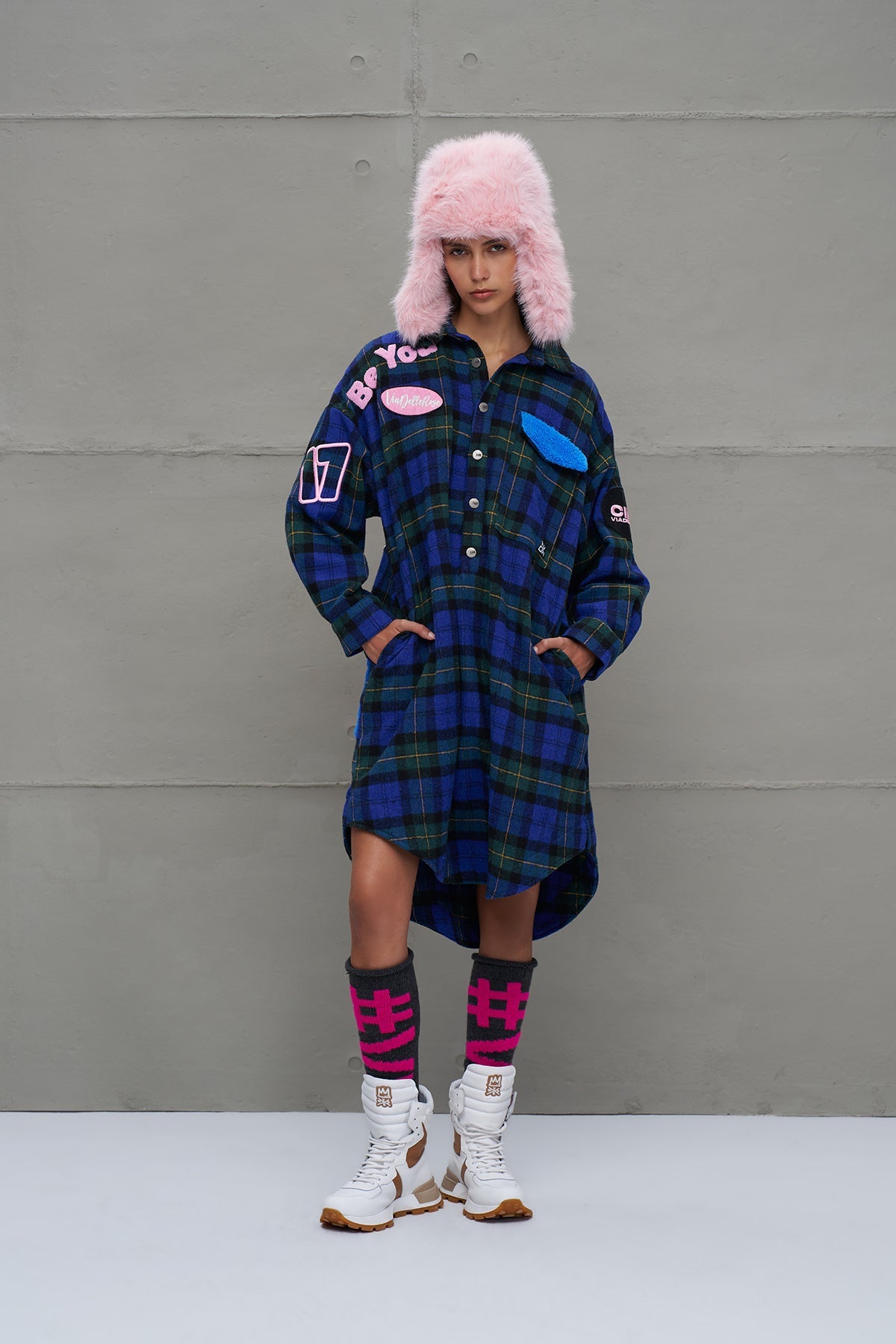 Royal Black Plaid Oversized Long Shirt 18114