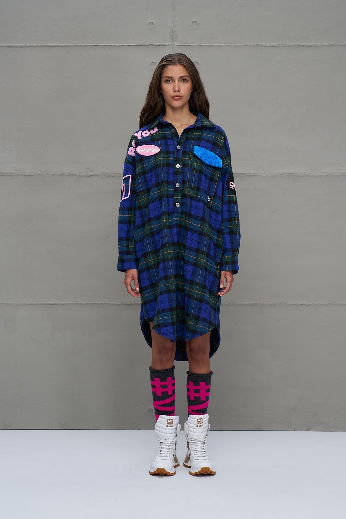 Royal Black Plaid Oversized Long Shirt 18114