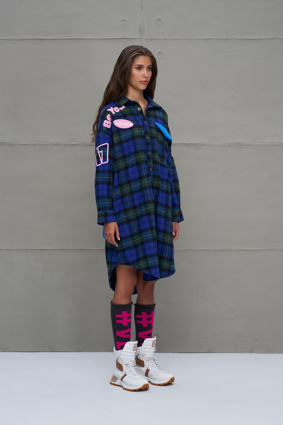 Royal Black Plaid Oversized Long Shirt 18114