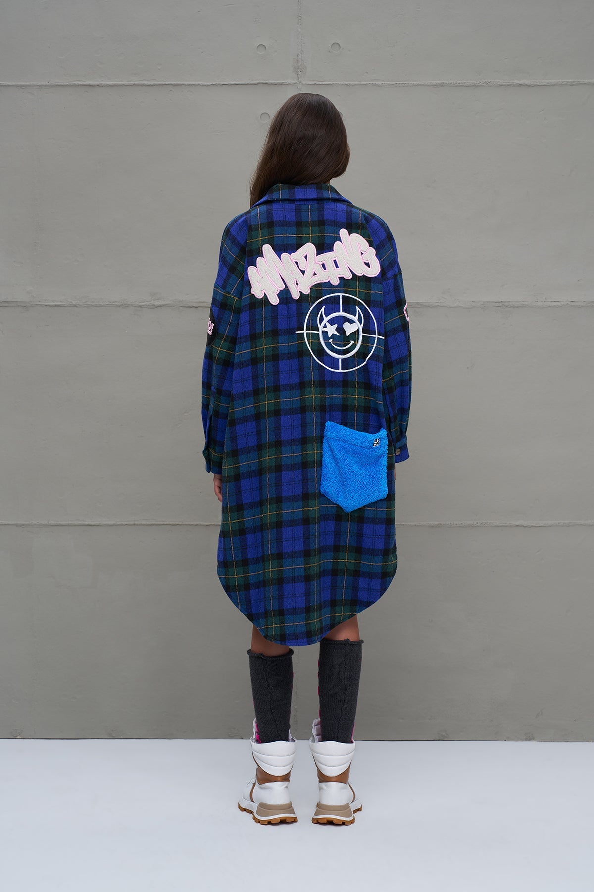 Royal Black Plaid Oversized Long Shirt 18114