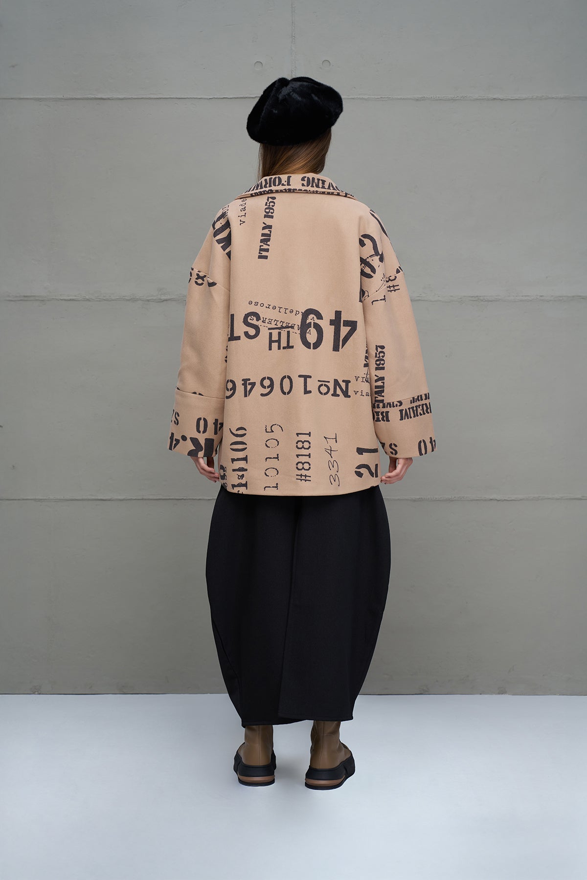 Beige Black Patterned Oversized Jacket 18115