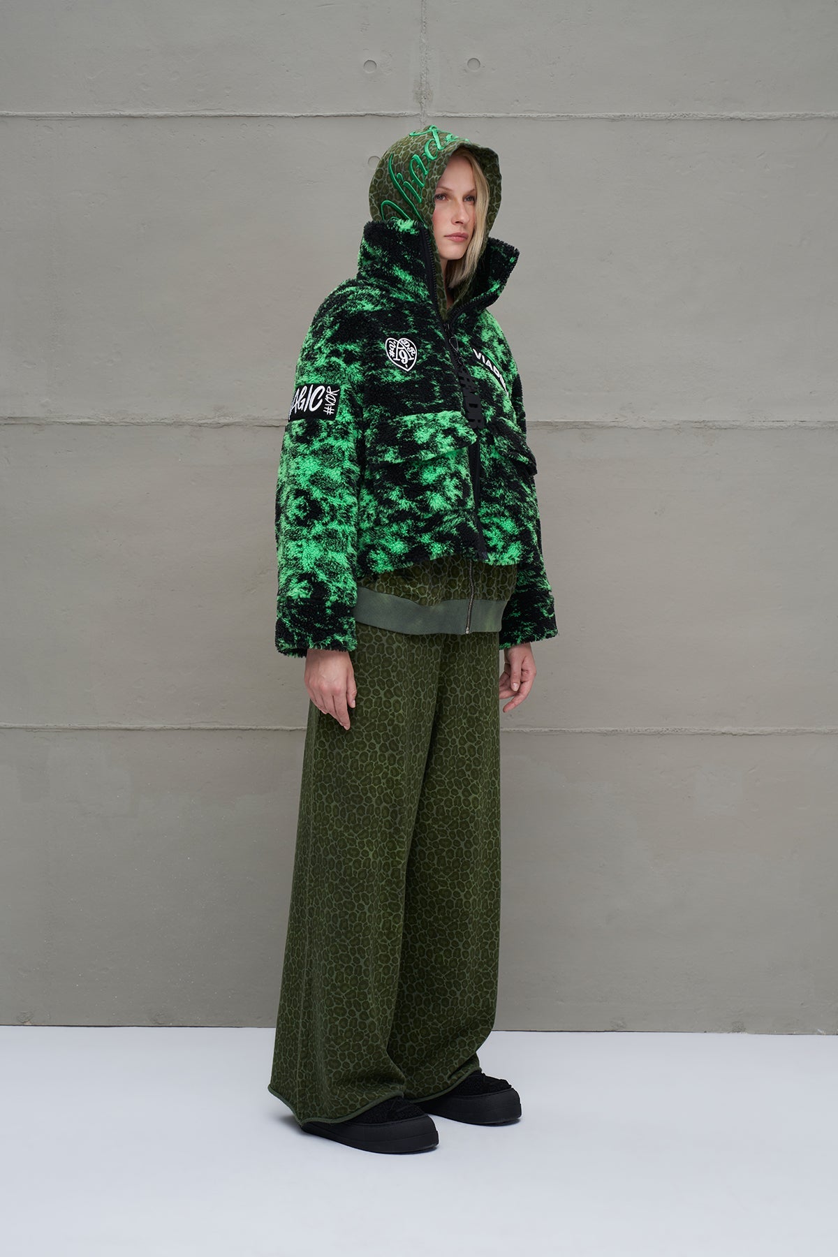 Black Neon Green Faux Fur Oversized Short Jacket 18131