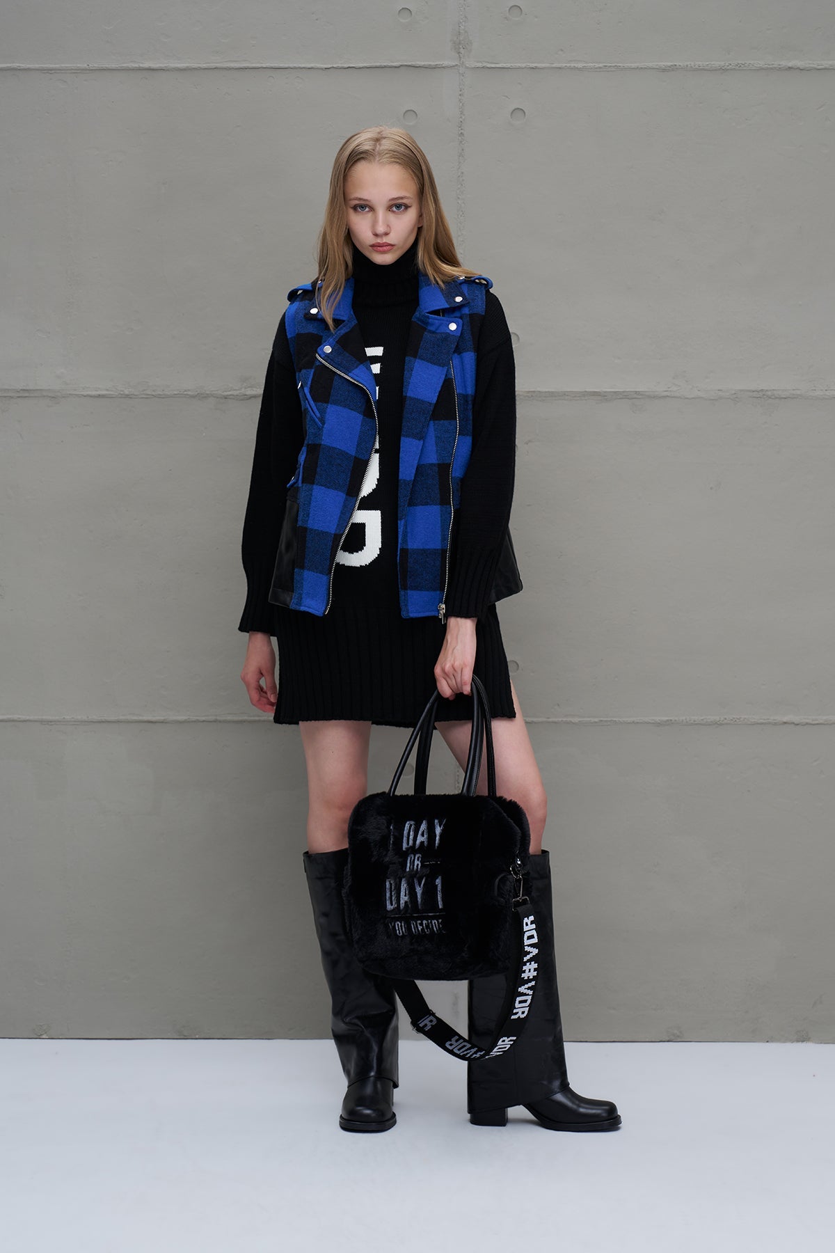 Blue Black Faux Leather Plaid Vest 18134